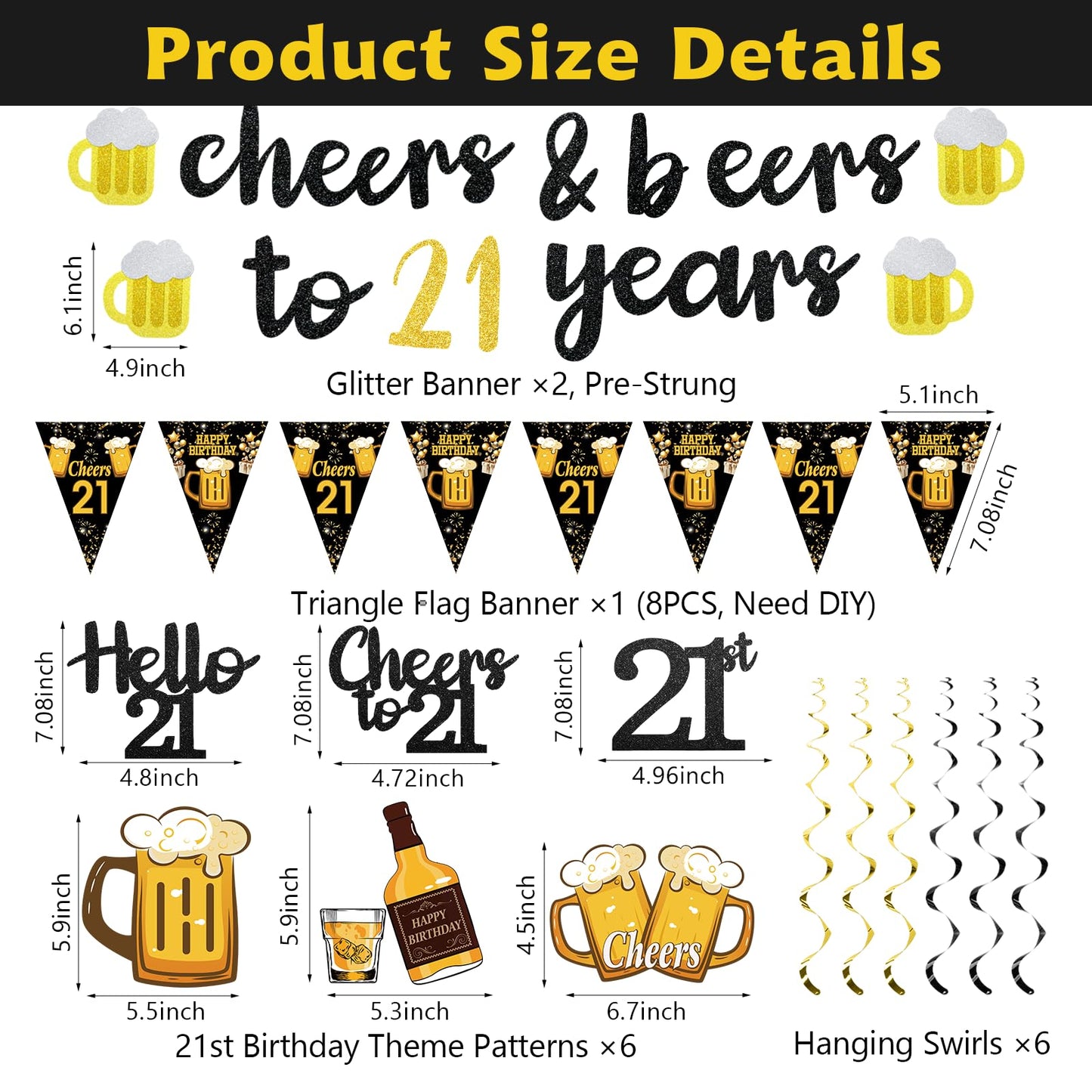 Black Gold 90th Birthday Decorations for Men Women, Glitter Pre-Strung Cheers to 90 Years Banner Hello 90 Hanging Swirls Paper Triangle Flag Banner Decorations Bday Party Supplies Kit WN420