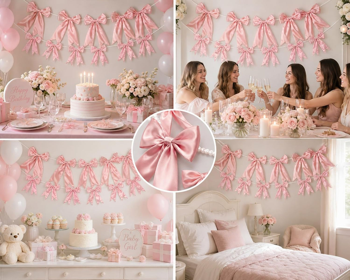 2 Pcs 8.5 ft Large Pink Bow Garland Banner with Pearl Chain Satin Ribbon Pink Bow Hanging Wall Decor for Wedding Birthday Bachelorette Coquette Bridal Baby Shower Engagement Decoration BST202