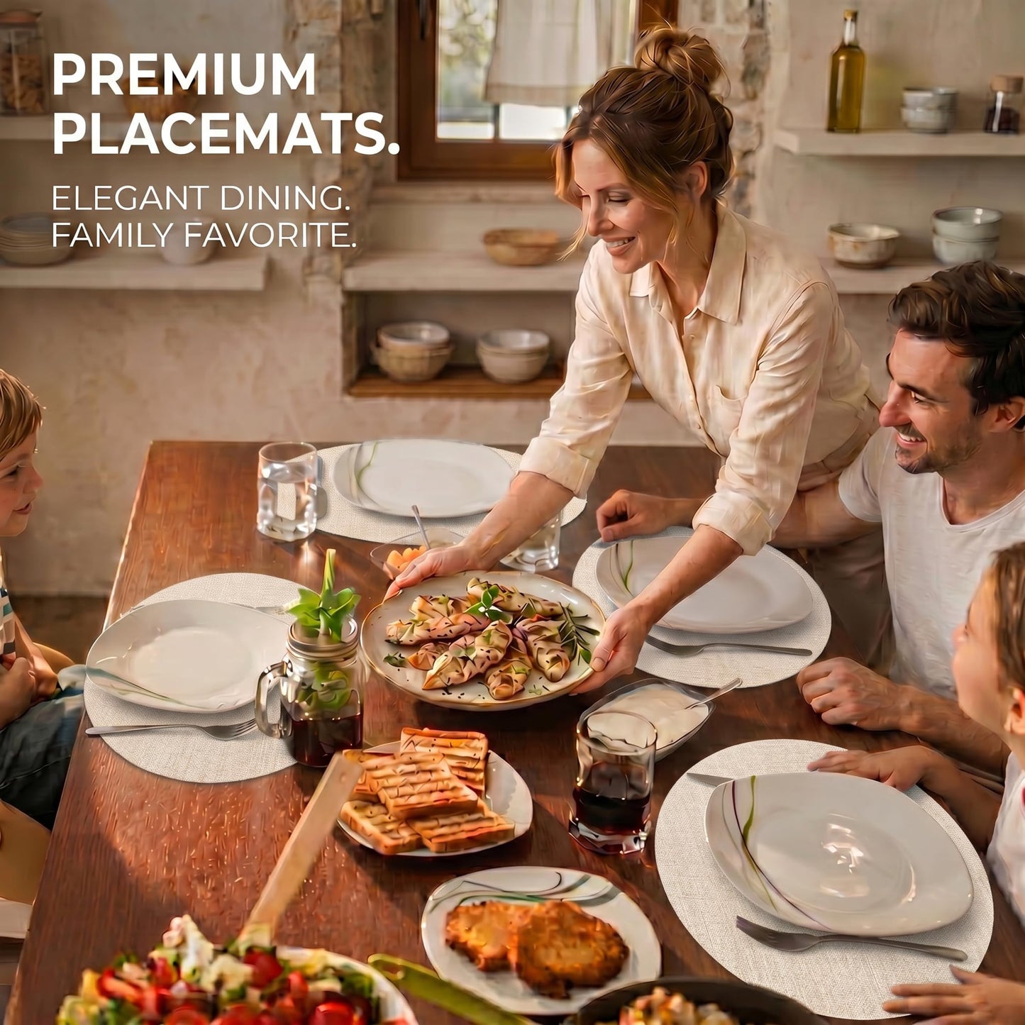 Faux Leather Placemats Set of 6, Wipeable Waterproof Stain Resistant Table Mats, Heat Resistant Thick Placemats with Hand-Painted Edges for Kitchen Dining, Imitative Linen Texture, Various Shapes BST326H