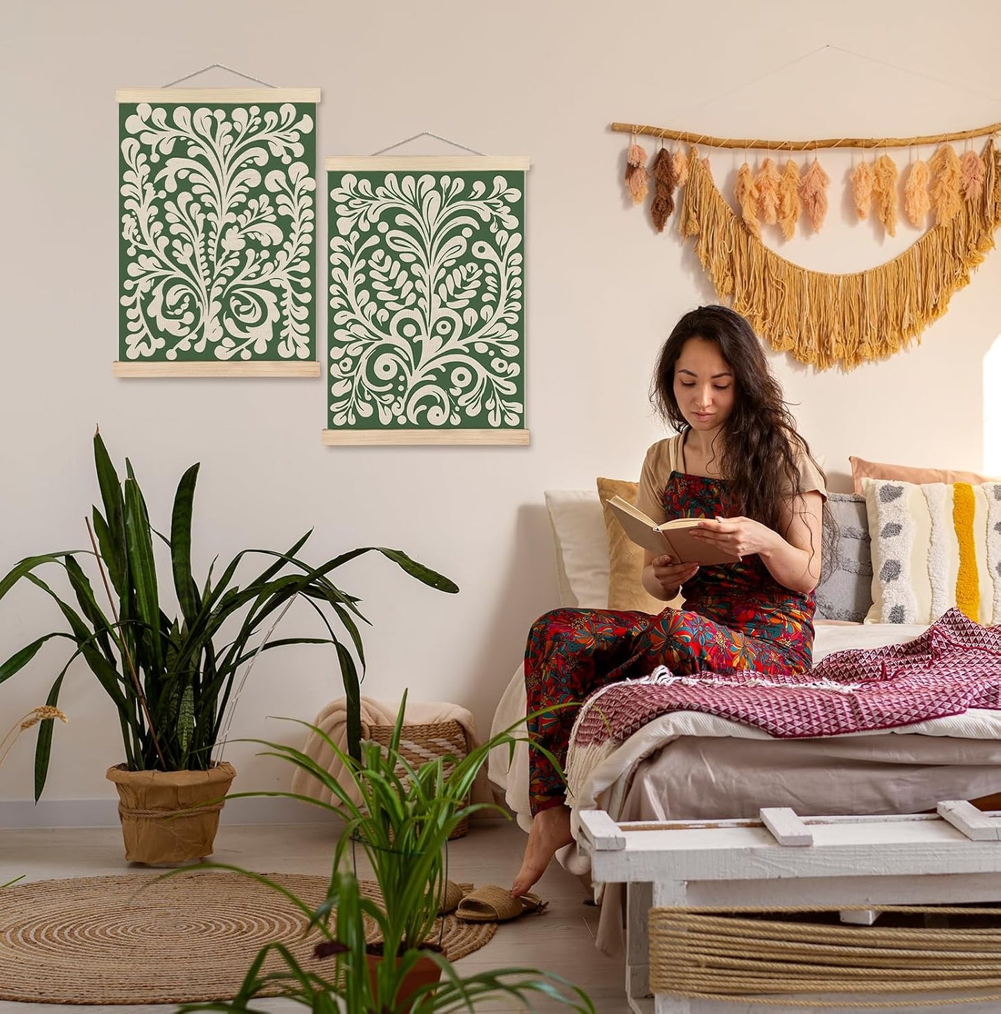 SPBL&L Green Boho Floral Mexican Wall Art, Abstract Flower Poster Hanger Frame, Burnt Orange Terracotta Botanical Hanging Canvas Pictures Prints Wall Decor for Home Bedroom, 12x16 Inch Set of 2 BST202