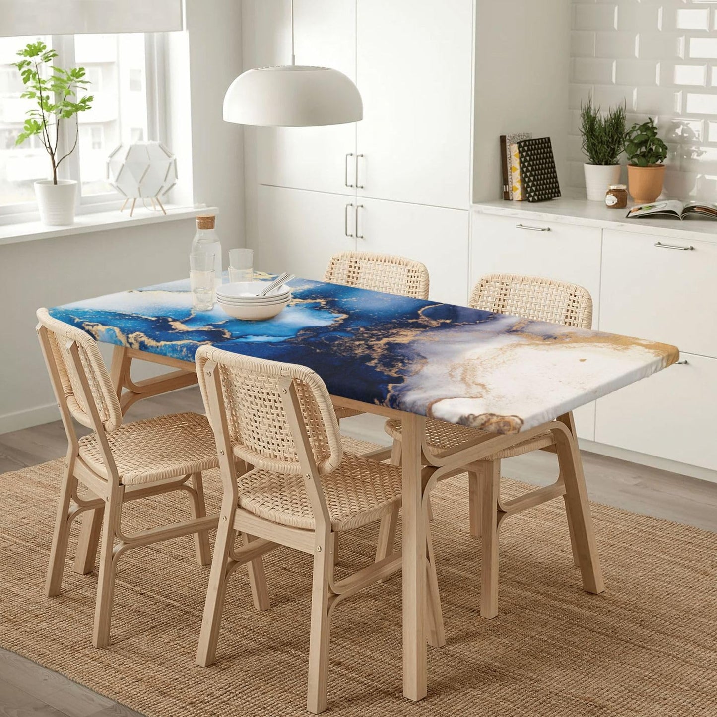 Blue Marble Rectangle Tablecloth with Elastic Edge, 5FT Table Cloths Washable Reusable Rectangular Table Cover for Kitchen Dining Party, 60" L X 30" W BST202