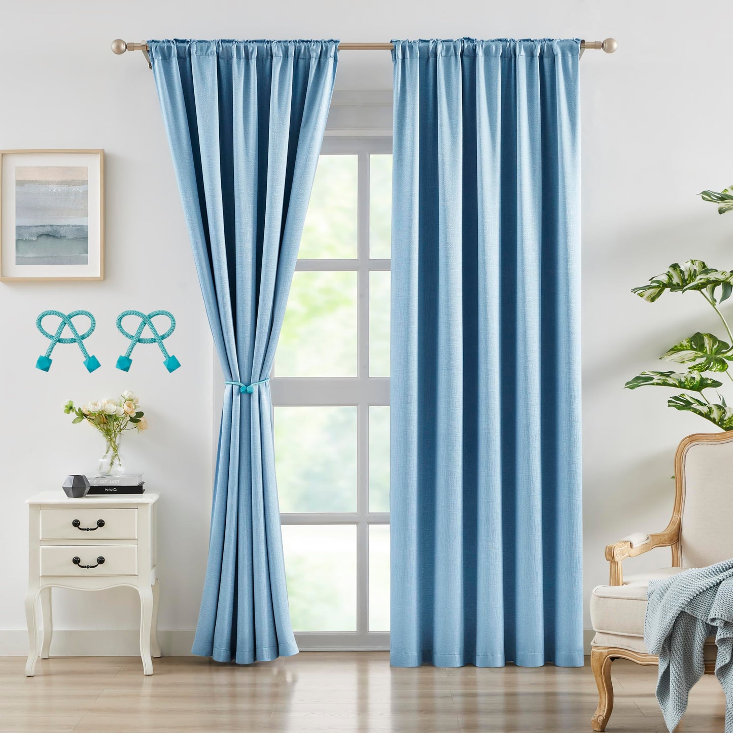 Bujasso Gray Jacquard Blackout Window Curtain Panels, 54" Wx84 Lx2 | Back Tab Rod Pocket with Magnetic Tiebacks,Thermal Insulated,85% Room Darkening Light Blocking Drapes for Bedroom Living Room BST326H