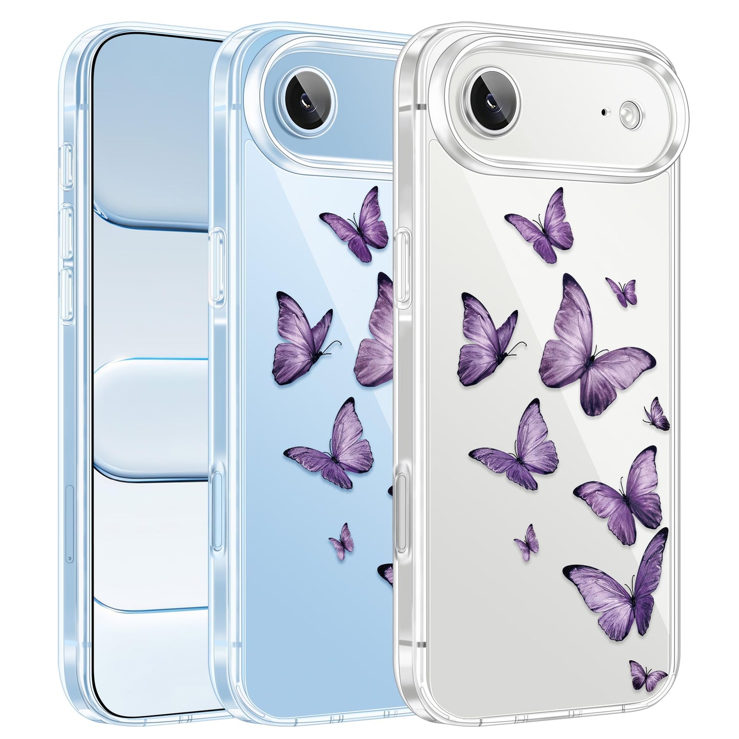 Cute Girly Crystal Clear Case Compatible with iPhone 16 Pro, Camera Control & Shockproof Protection Floral Case for Women, Blue Butterflies WN420