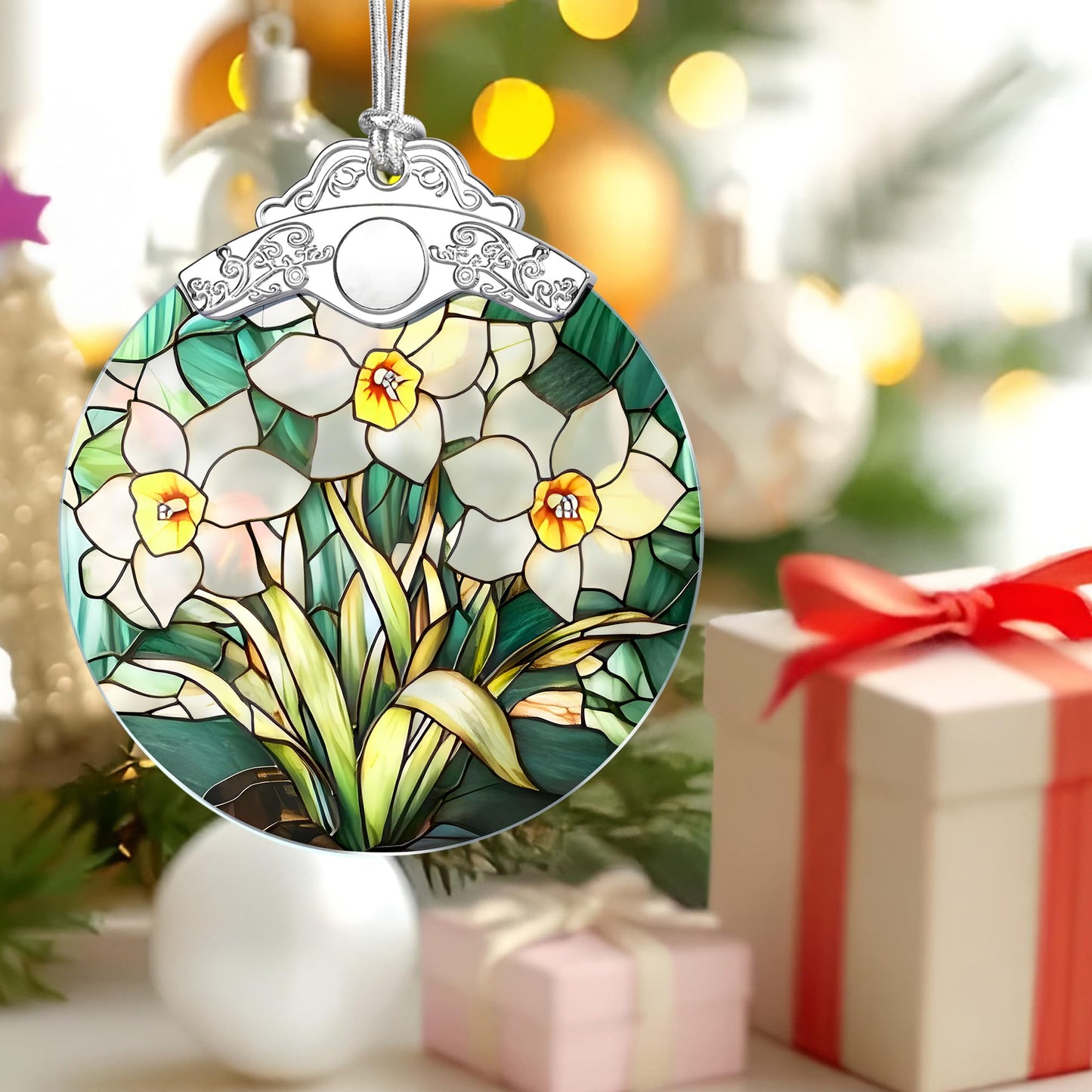 Christmas Ornaments: Stained Glass-Style January Birth Flower Ornament – Christmas Tree Decorations, Holiday Party Gifts, Mother's Day & Birthday Gifts for Women, Mom & Grandma | Birth Flower Gift BST220
