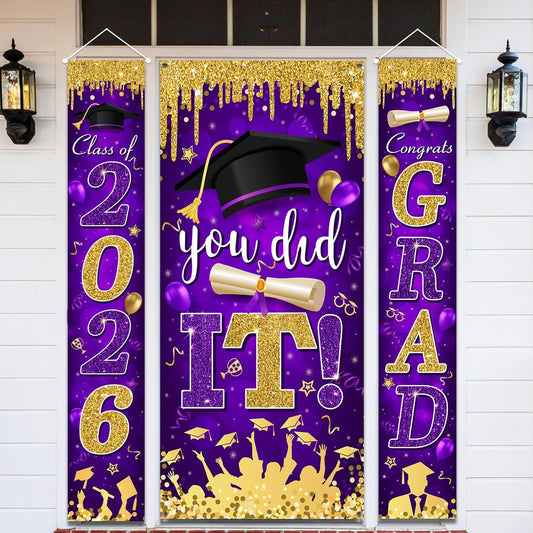 Graduation Decorations Class of 2026 Purple and Gold Congrats Grad Banner and You Did It Door Cover for High School College Graduation Party Supplies(Purple) BST326H