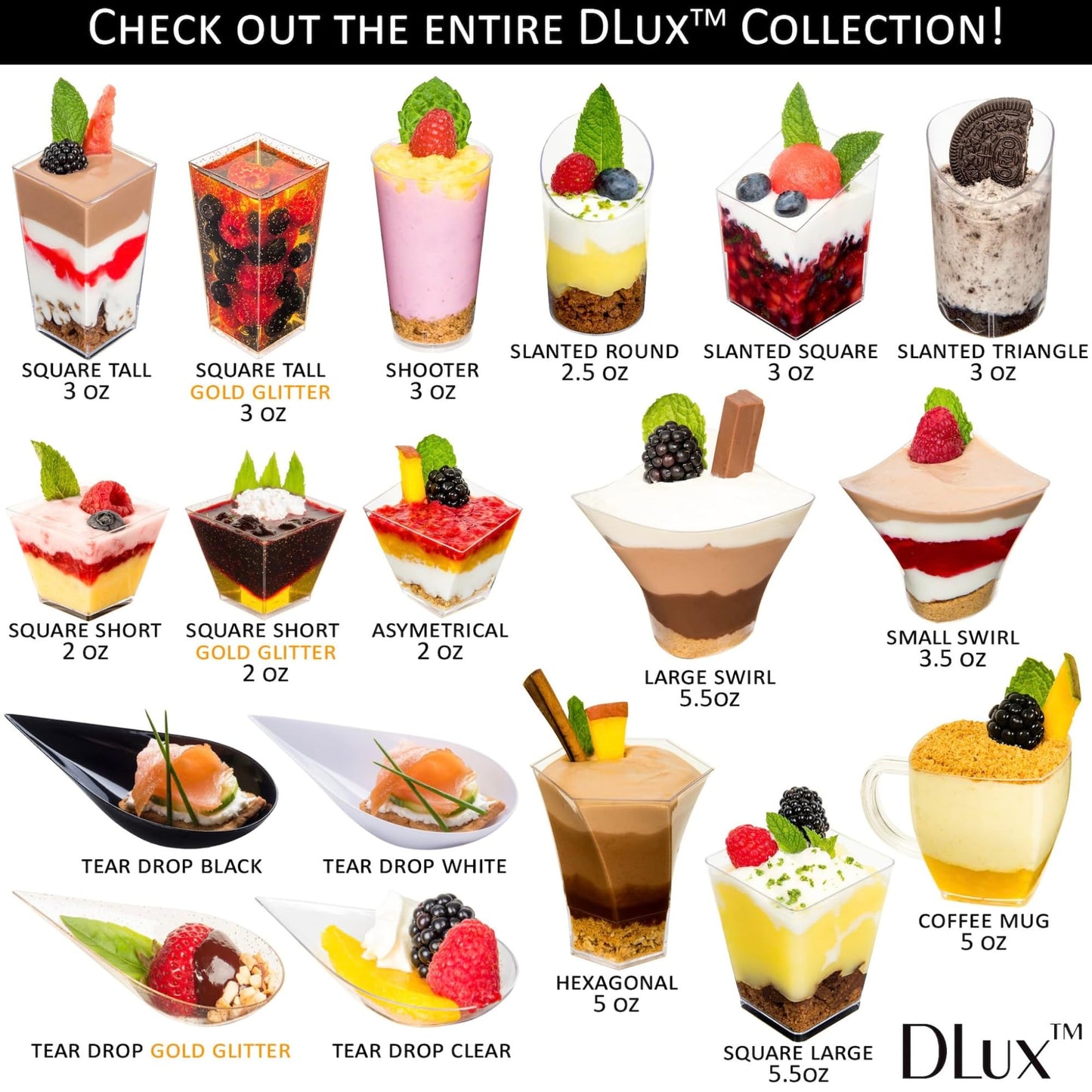 DLux 100 x 3 oz Mini Dessert Cups with Spoons, Shooter - Clear Plastic Parfait Appetizer Cup - Small Reusable Shooter Glass for Tasting Party Shooters Desserts Appetizers - With Recipe Ebook BST220