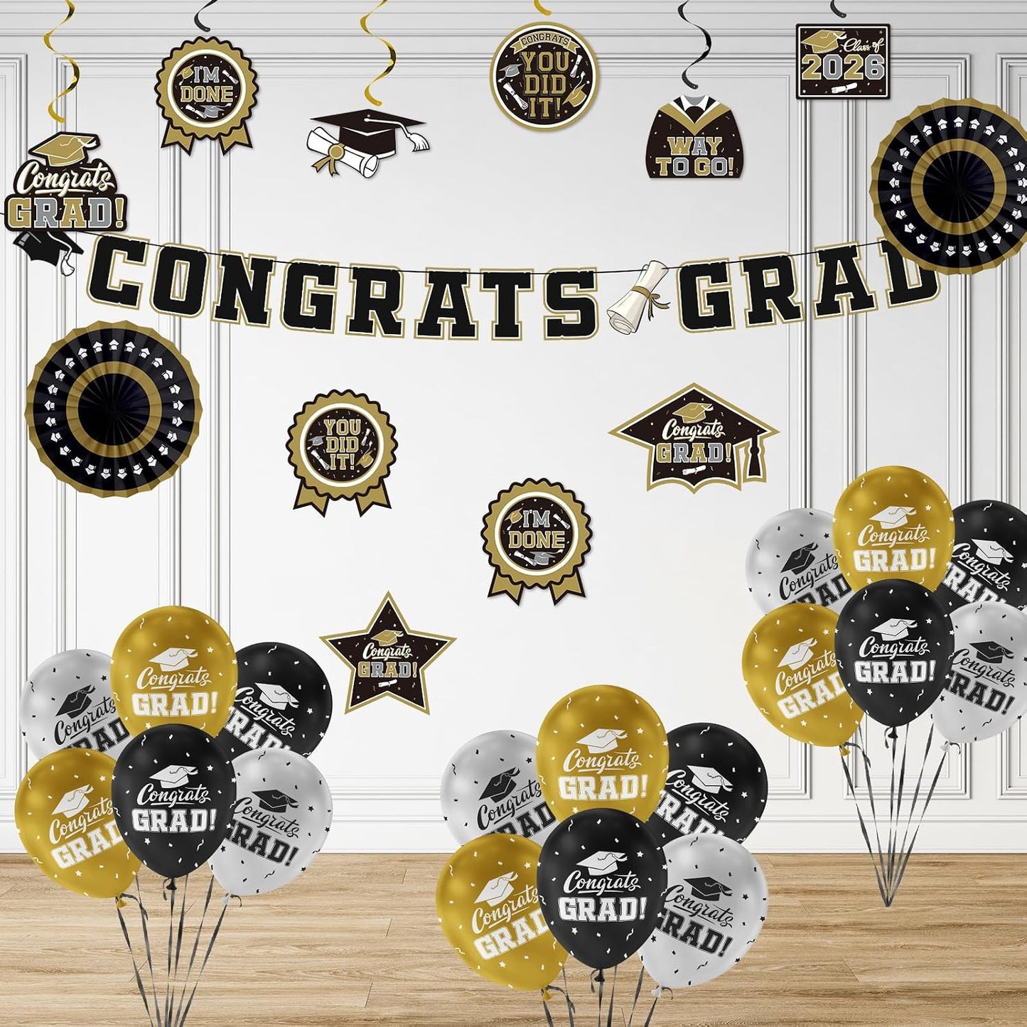 Black and Gold Themed 2026 Graduation Decorations Set - Congrats Grad Banner, Class of 2026 Backdrop, Balloons & Streamers Kit - Graduation Party Supplies for High School & College Celebrations BST326H