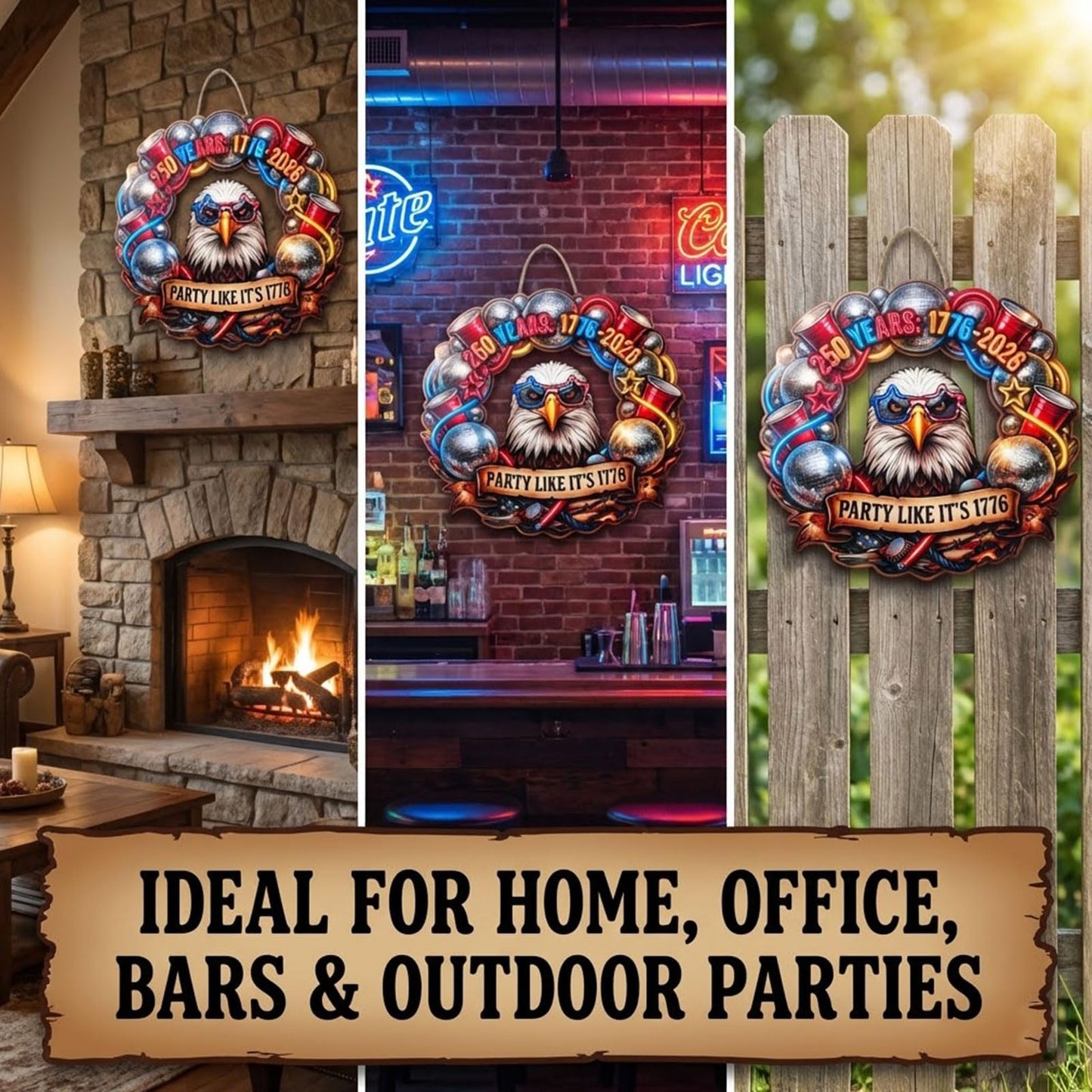 USA 250th Anniversary Wooden Door Sign, 1776-2026 Commemorative Bald Eagle Patriotic Wall Hanging Decor, Cheers to Freedom Party Wreath for July 4th Home Porch Decor (250year-1) BST202