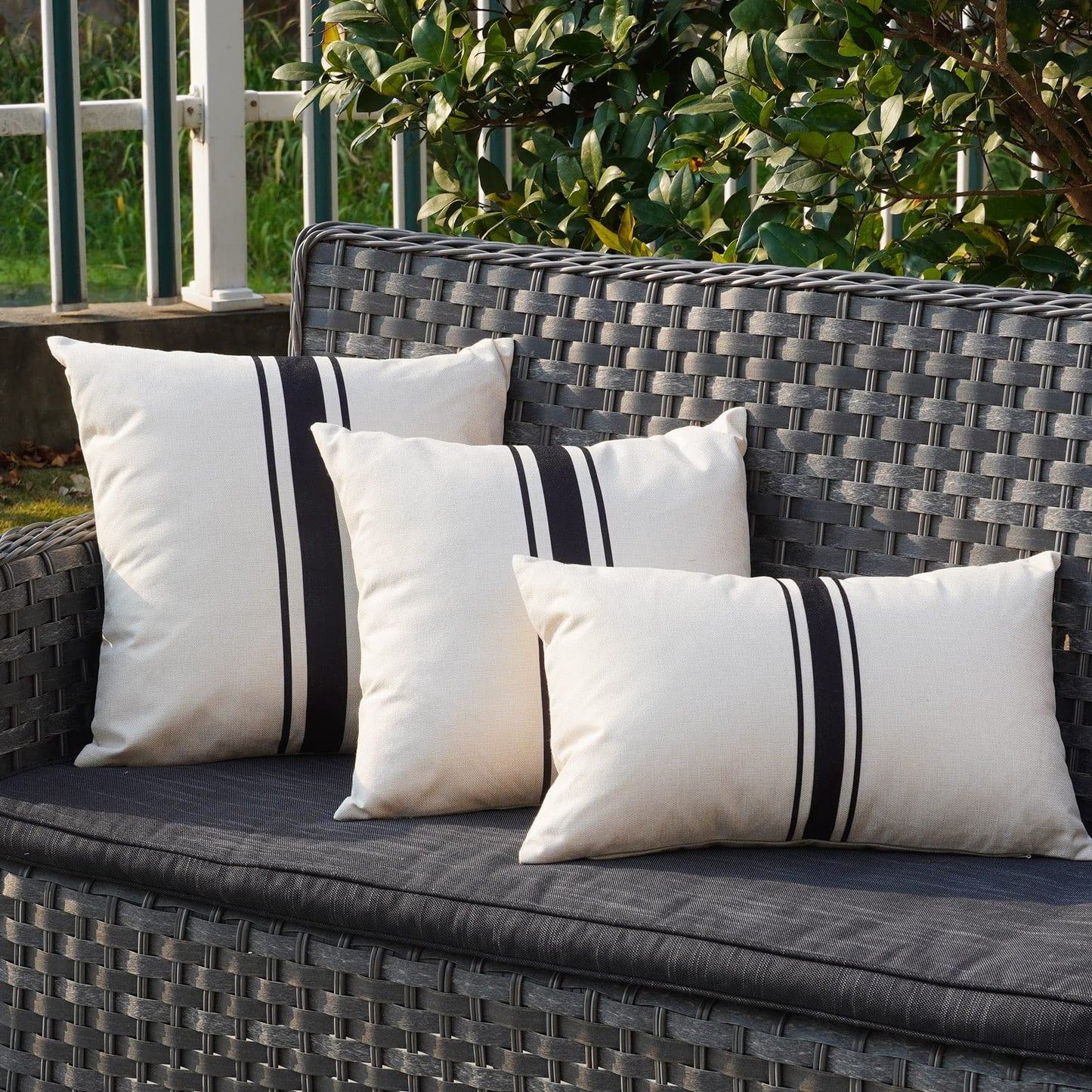 ONWAY Outdoor Pillow Covers Waterproof 18x18 Set of 2 Decorative Linen Throw Pillow Cover Beige and Black Striped Outdoor Pillows for Patio Furniture BST220