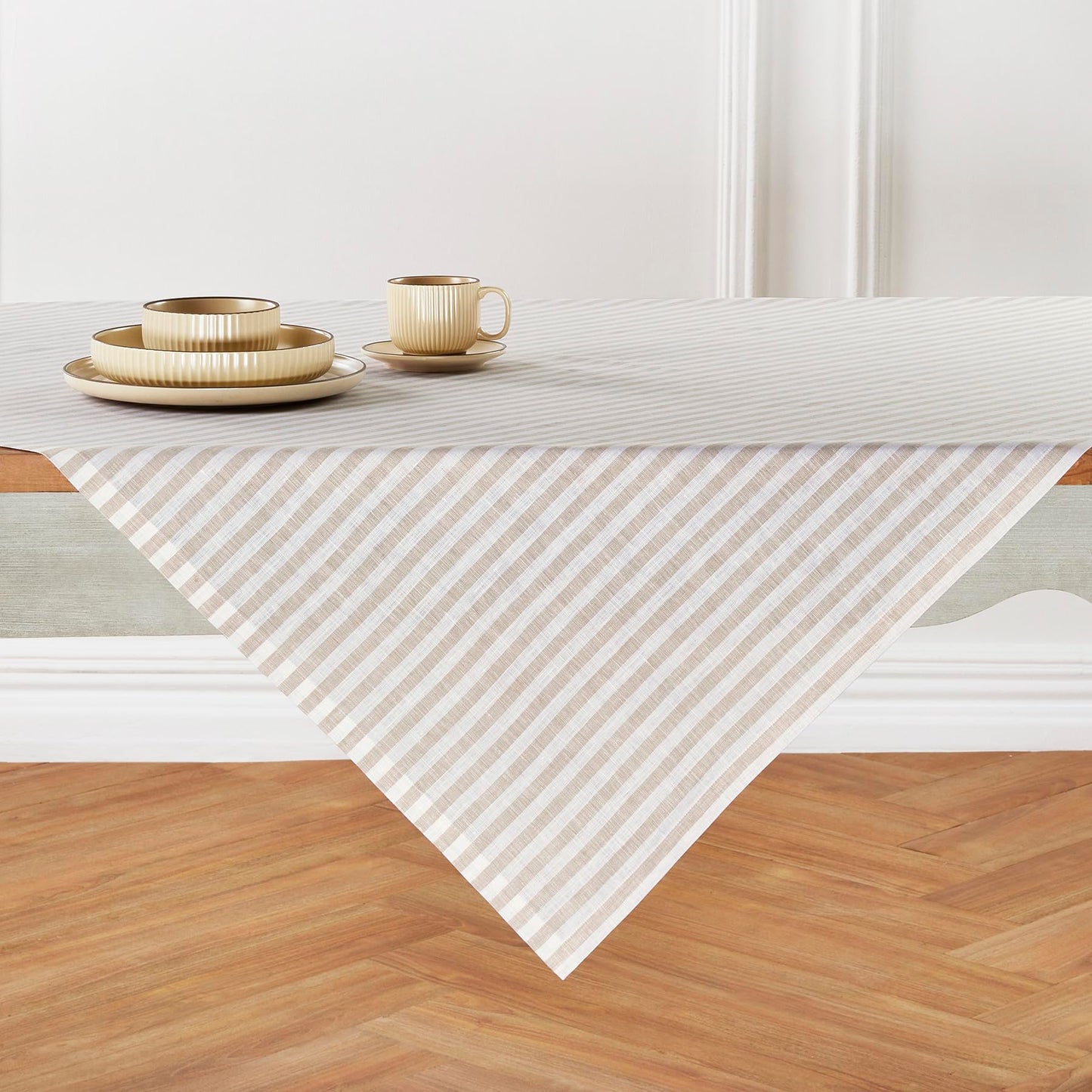 Solino Home 100% Linen Table Cloth, Throw, 52 x 52 in, Coral, Amalfi Stripe | Striped Linen Tablecloth a neat topper for bistro, card and side tables | Coral and White | Pure Linen | OEKO-TEX Certified BST326SOLH