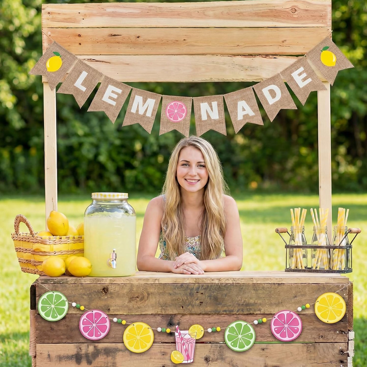 Leinuosen 2 Pcs Lemonade Stand Banner Lemonade Stand Supplies Pink Yellow Summer Party Decoration Wooden Lemon Banner with Beads for Lemon Themed Bridal Shower, Baby Shower, Birthday Supplies BST202