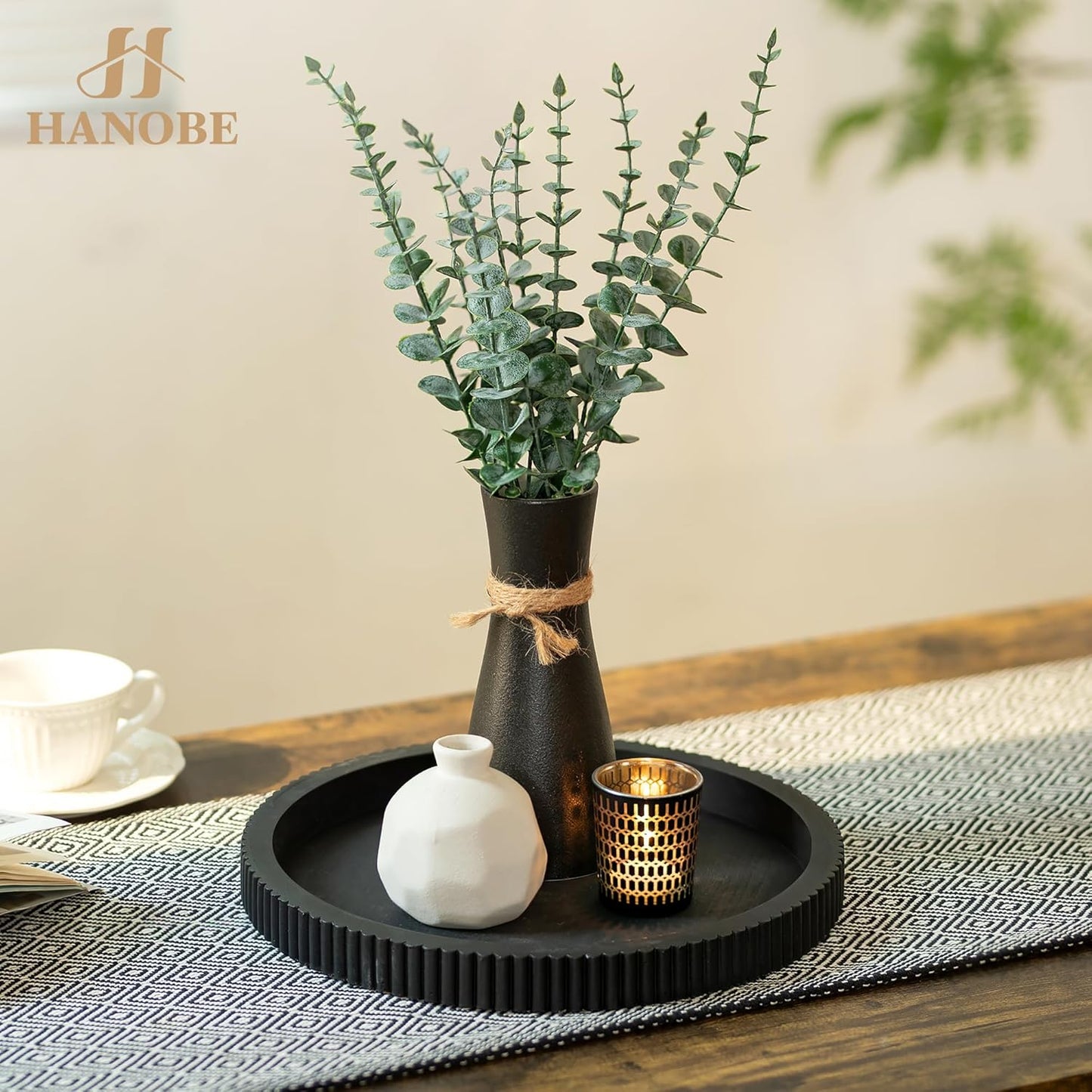 Hanobe Black Decorative Coffee Table Tray, Scalloped Edge | 12" round wood centerpiece tray, ideal for living room, entryway table, kitchen island, fits modern decor. BST326H