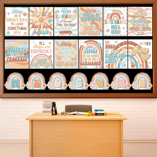 ZOIIWA 19 Pcs Retro Welcome Classroom Posters Retro Groovy Bulletin Board Decoration Groovy Inspirational Quotes Posters Back to School Bulletin Board for Classroom School Wall Decor WN420