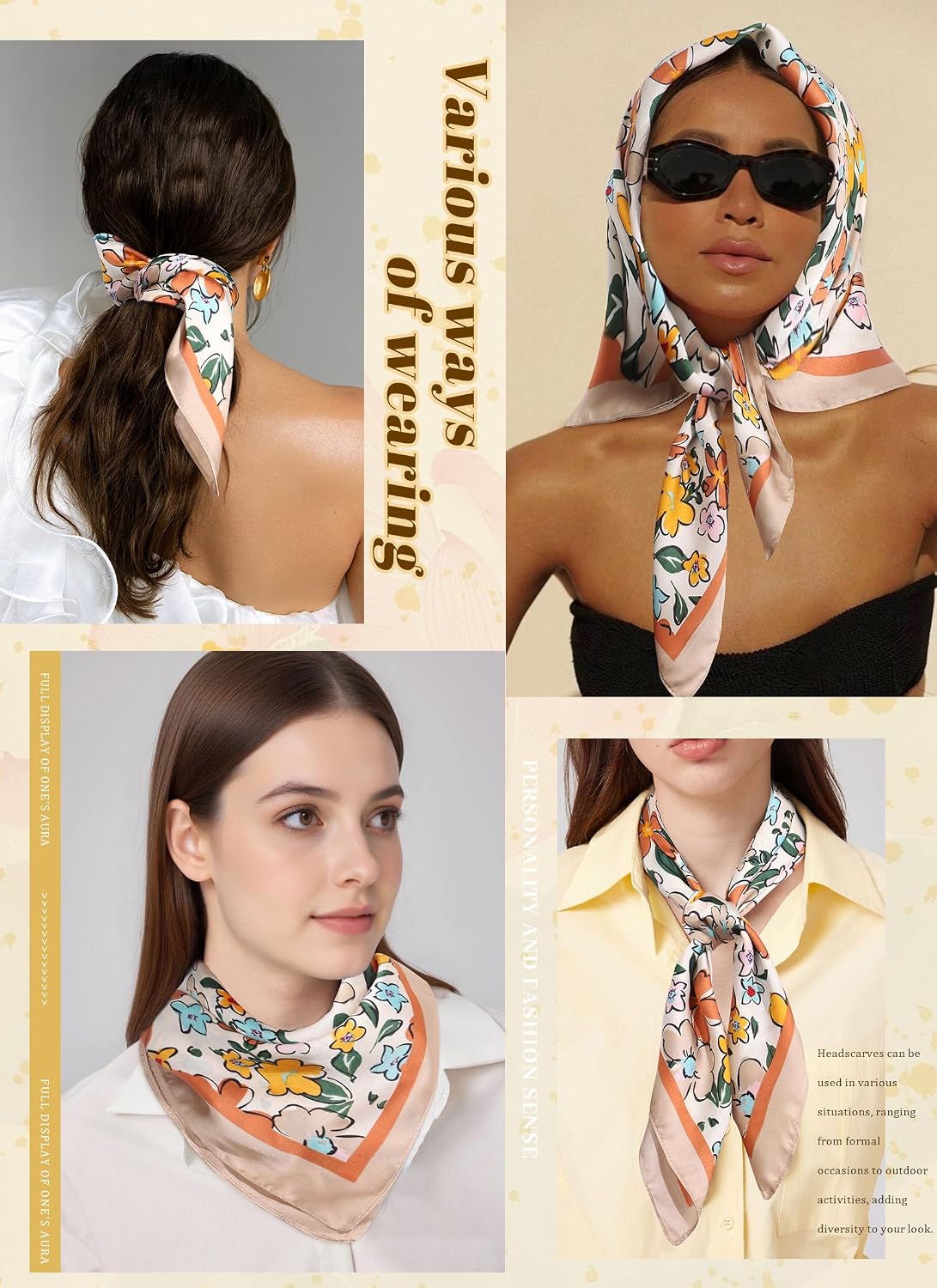 CHLINS 27.5” Square Head Scarf for Women Satin Hair Scarf Silk Wrap Neck Scarves Bandanas for Handbags Accessories WN420