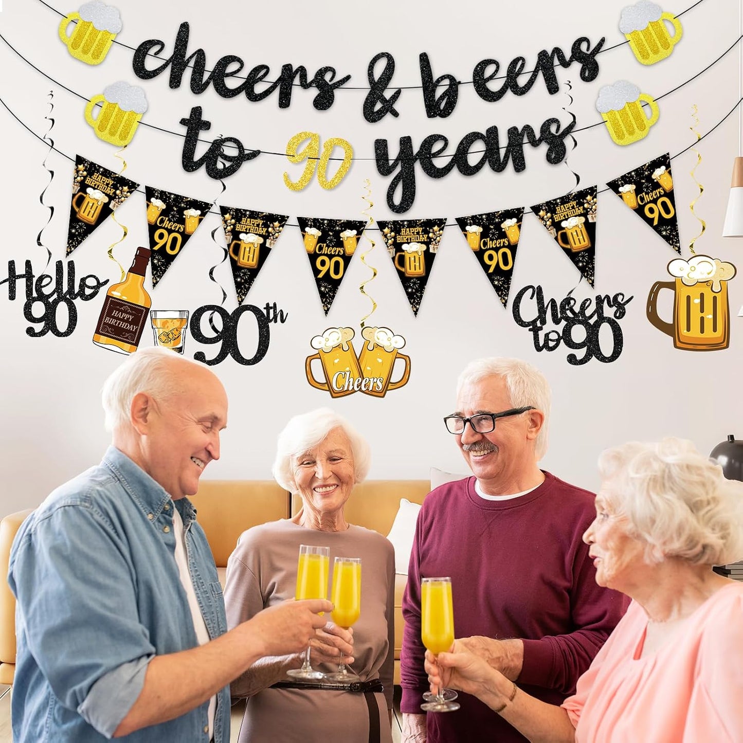 Black Gold 90th Birthday Decorations for Men Women, Glitter Pre-Strung Cheers to 90 Years Banner Hello 90 Hanging Swirls Paper Triangle Flag Banner Decorations Bday Party Supplies Kit WN420