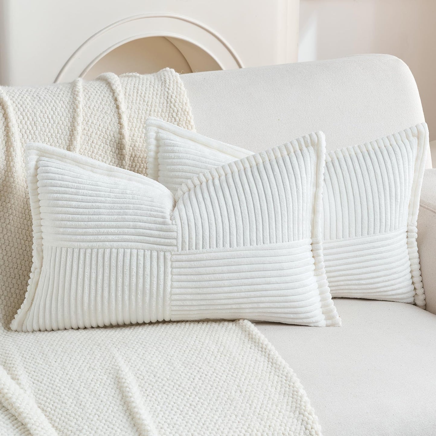 HAUSSY Pack of 2 Corduroy Throw Pillow Covers26x26 Inch, Rust | Decorative Striped Soft Boho Farmhouse Pillowcases, Machine Washable, Couch Bed Sofa Living Room Home Decor, No Insert BST202
