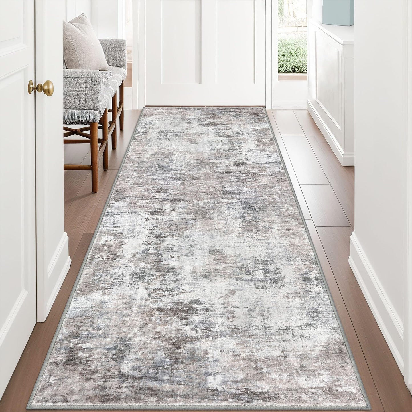 Lansny Modern Abstract Runner - 2x5, Beige Grey Washable Kitchen Entryway Rug Mat Non-Slip Soft Neutral Hallway Rug Thin Print Faux Wool Carpet for Bedroom Laundry Room Indoor BST220