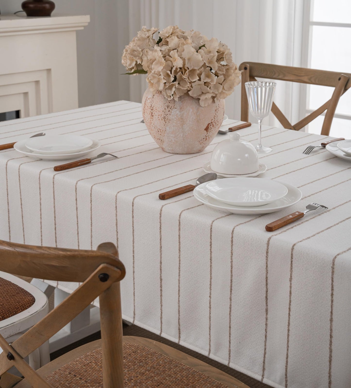 Caflife White Square Tablecloth 55x55 Inch, Cotton Linen Polyester Blend Stripes Table Cloth, Farmhouse Boho Decorative Table Cover for Dining Room Party Buffet Home Kitchen Table Decor BST202