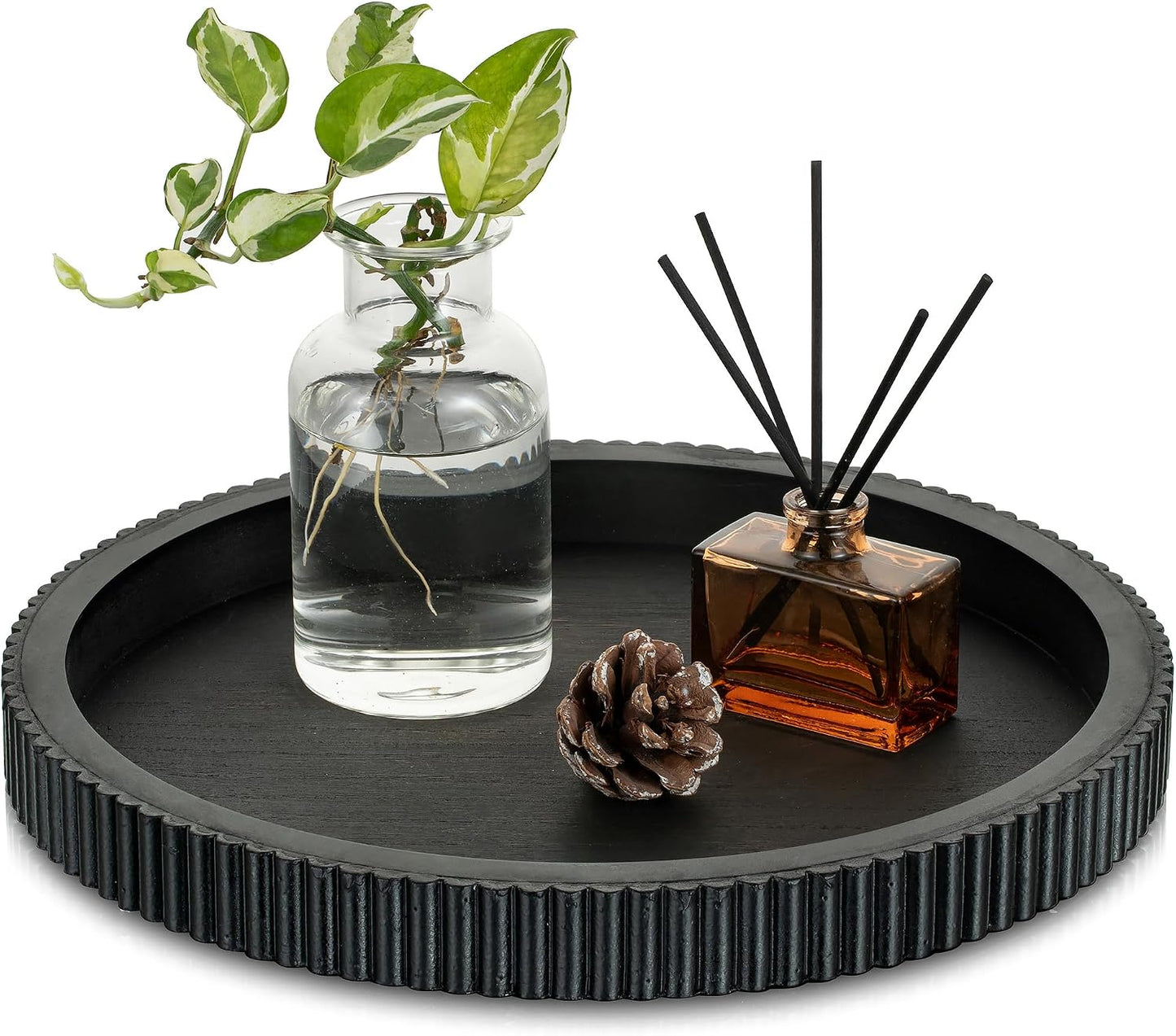 Hanobe Black Decorative Coffee Table Tray, Scalloped Edge | 12" round wood centerpiece tray, ideal for living room, entryway table, kitchen island, fits modern decor. BST326H