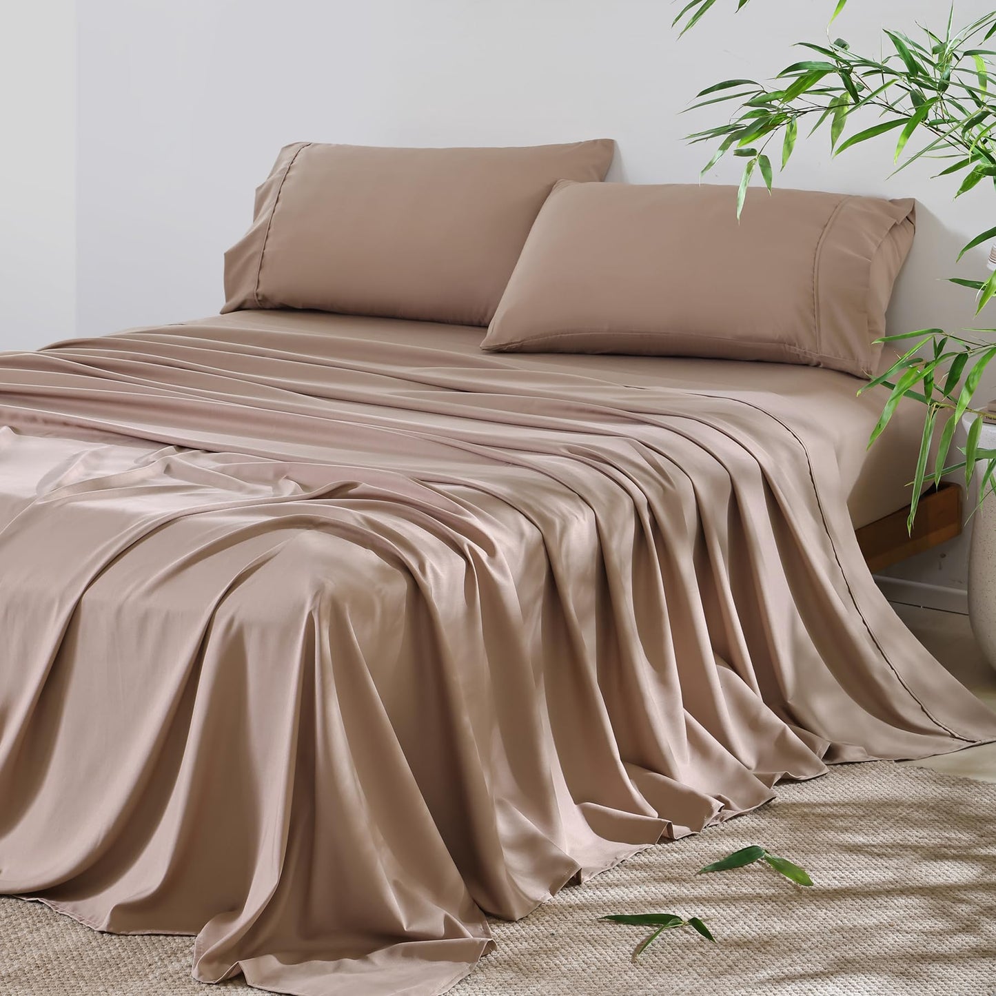 4 Piece Twin Size Sheet - Cooling Bed Sheets Set, Blend Rayon Derived from Bamboo, Breathable Soft Hotel Luxury Bedding & Pillowcases, Silky Fit 16 inch Extra Deep Pocket, Oeko-Tex - Olive Green BST326H