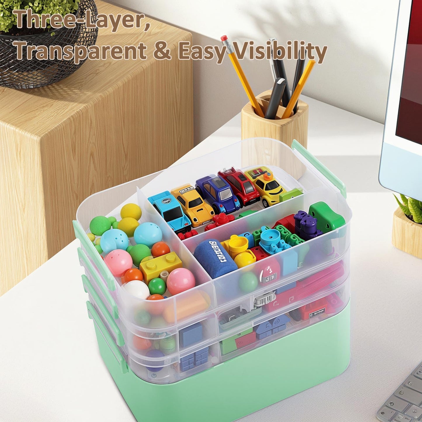 Gifhomfix 4-Layer Plastic Craft Organizers and Storage Box with Removable Trays, Storage Containers with lids and Handle, Art Supply Storage Organizer for Organizing Bead, Sewing, Tool（Green） BST220