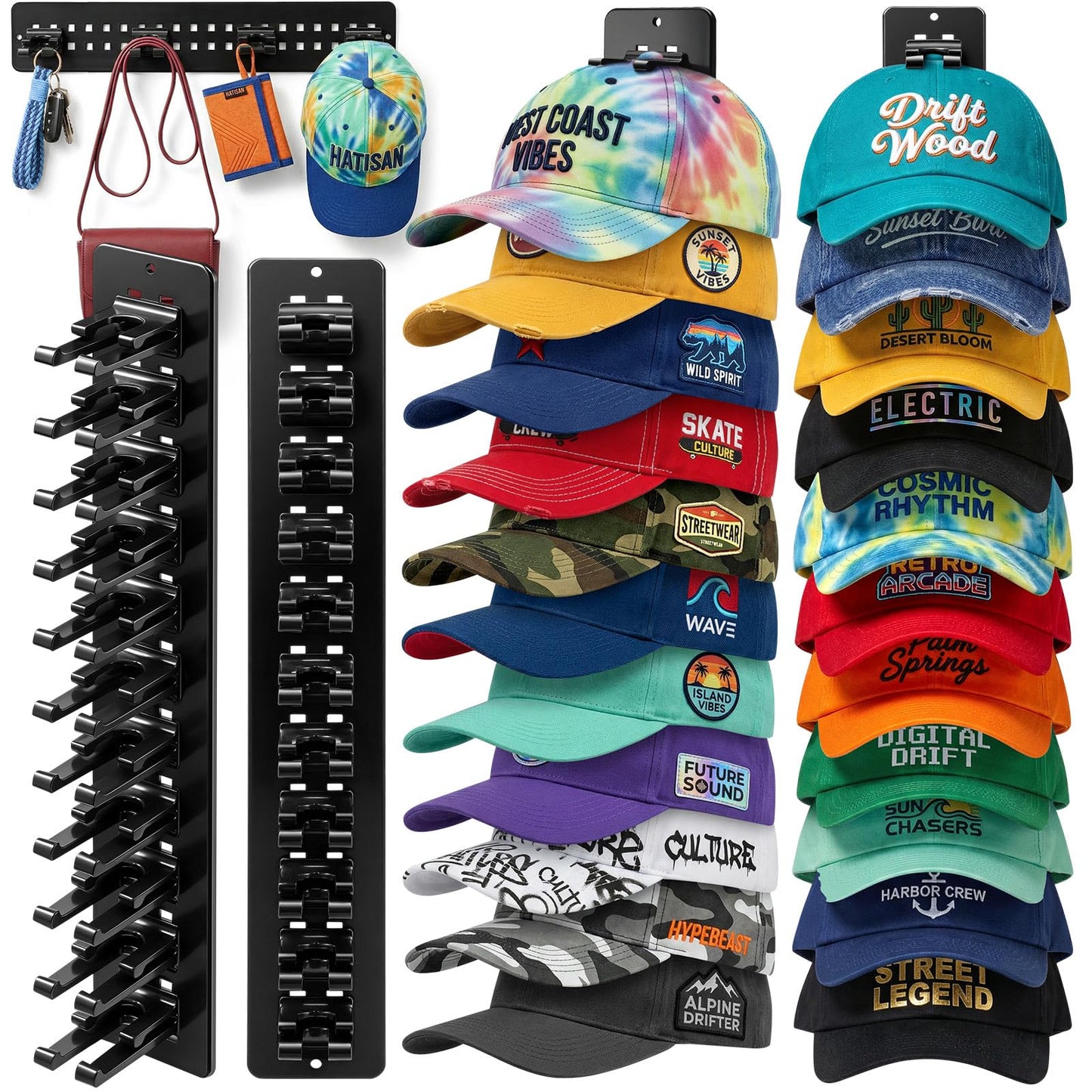 Hat Hook for Wall, 2 Pack Hat Organizer Hold up to 20 Hats,Hat Holder with Strong Adhesive and 8 Pack Screws, Cap Holder Hat Hangers for Wall Closet Door and Bedroom(B-Black) BST220
