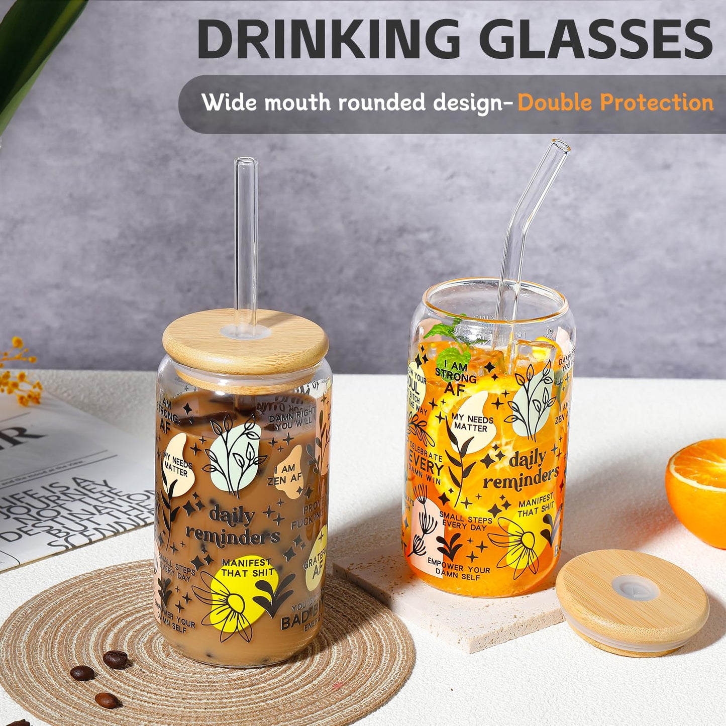 DWTS DANWEITESI Glass Cups “20oz”,Glass Cups with Lids and Straws 4 pcs-Coffee Cups,Drinking Glasses Set,Glass Tumbler with Straw and Lid Gift 2 Cleaning Brushes 600ml BST202