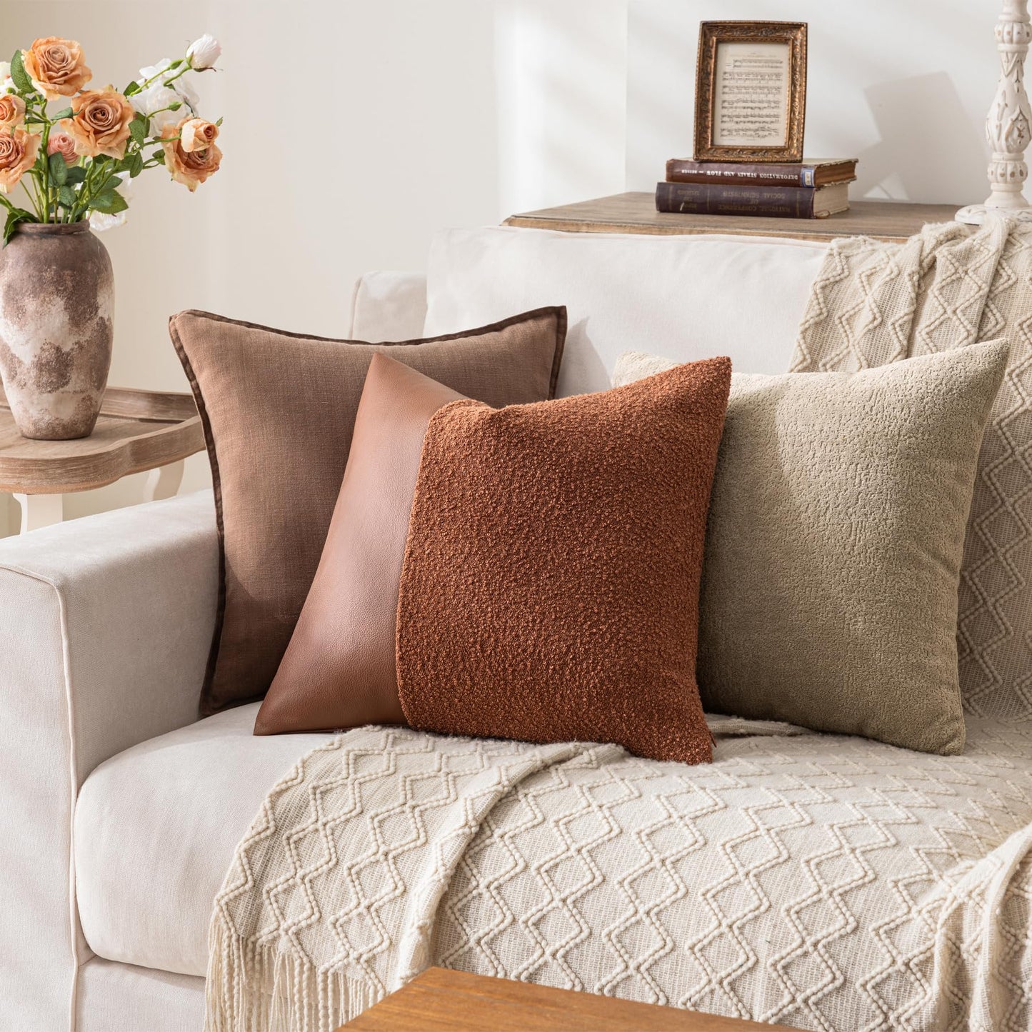 Set of 2 Fluffy Boucle Pillow Covers 18"x18", Oatmeal Textured Throw Pillow Covers with Faux Leather Accents, Boho Decorative Pillow Cases for Couch, Bed, or Farmhouse Home Decor BST220