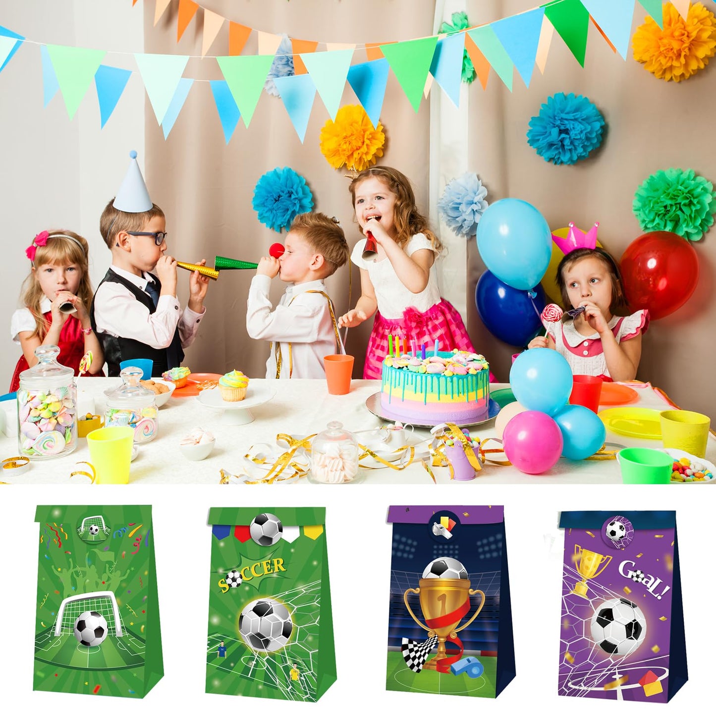 Qpout Soccer Goodie Bags Party Pack - 12 Snack Bags With Sealing Stickers for Kids Teams & Birthdays - Black & White BST326L