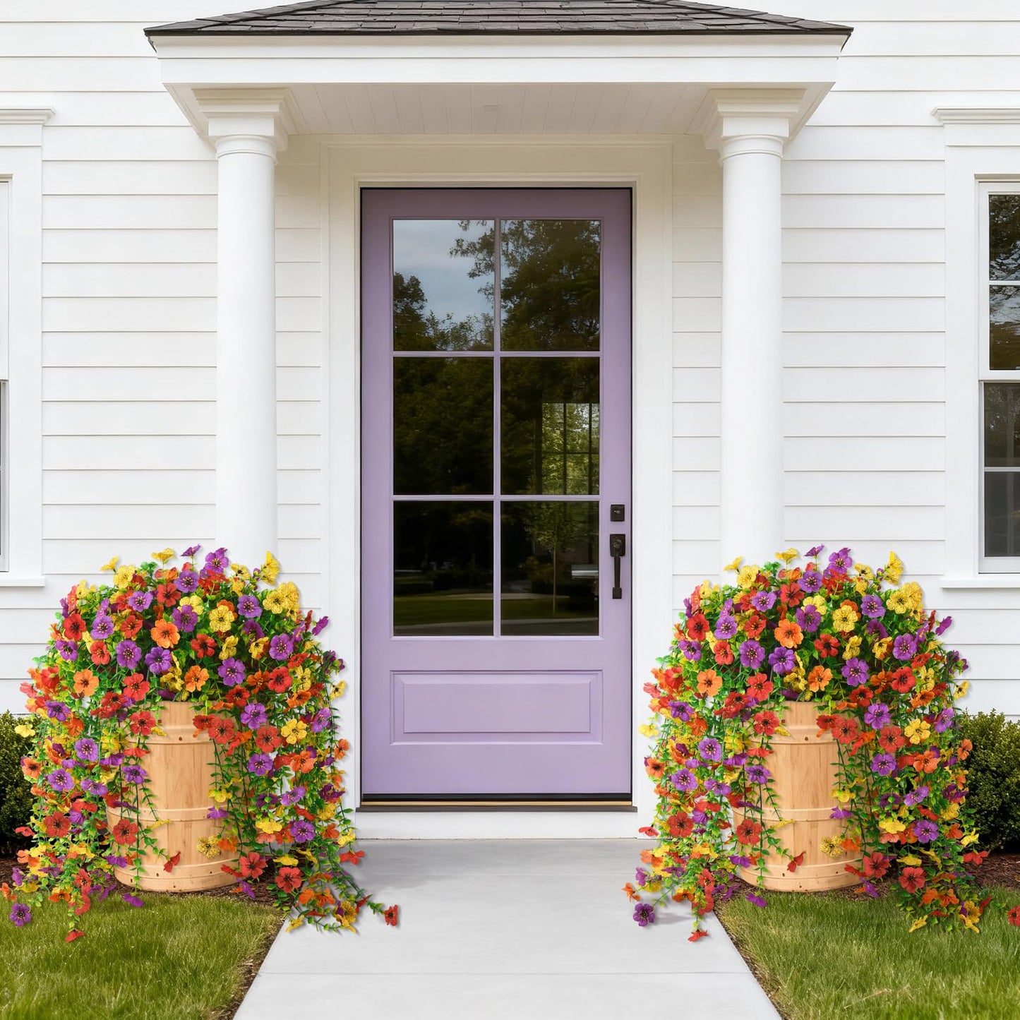 Artificial Hanging Flowers for Outdoor, 2PCS Fake Flowers Faux Silk Daisy with Eucalyptus Leaves, UV Resistant Aritificial Flowers for Spring Home Patio Yard Porch Decor (Light Purple Red) BST202