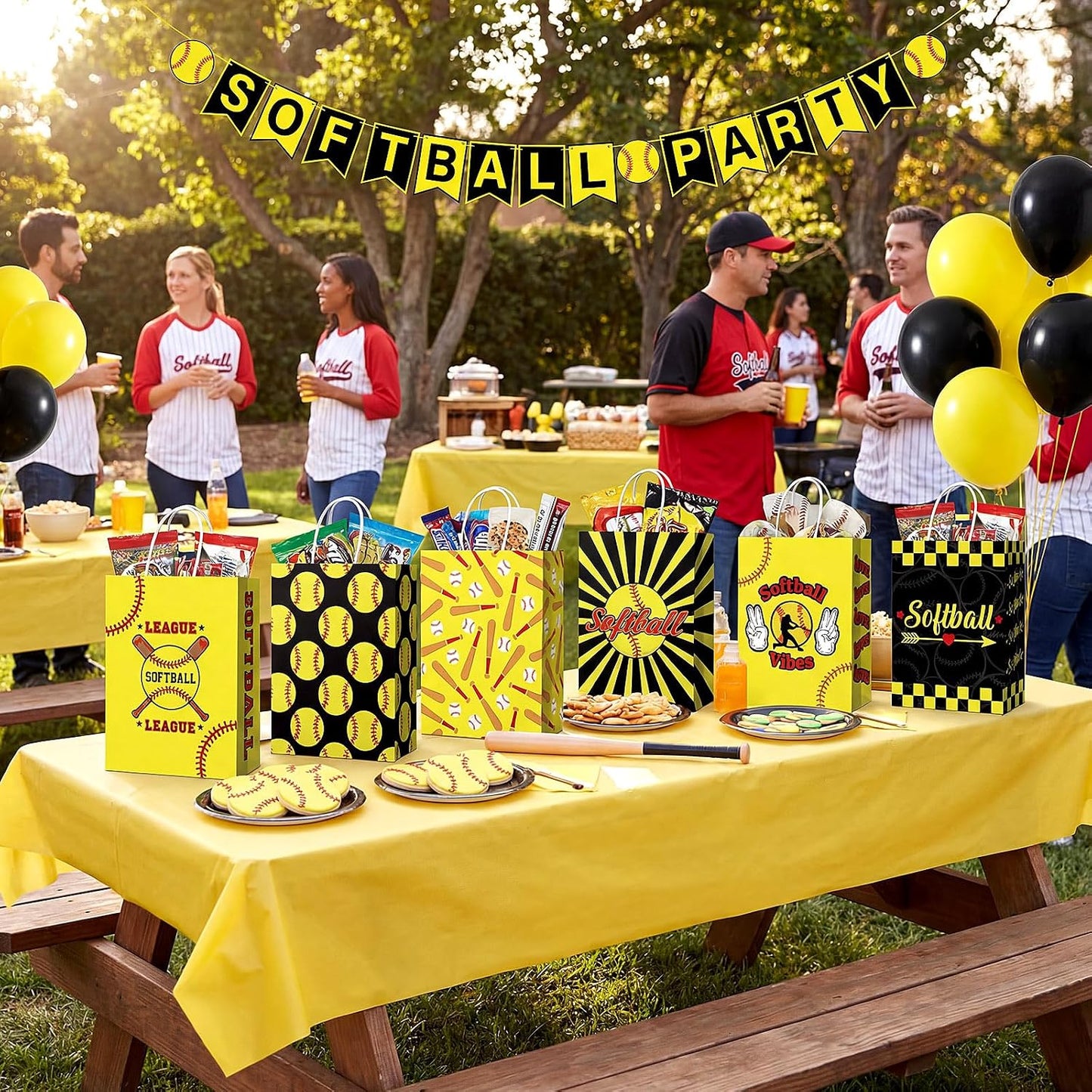 MotiMind 24 Pcs Softball Party Favor Bags Black Yellow Softball Themed Goodie Gift Wrapping Paper Bags with Handles Portable Sports Ball Candy Treat Pouch for Birthday Party Decorations Supplies BST326H