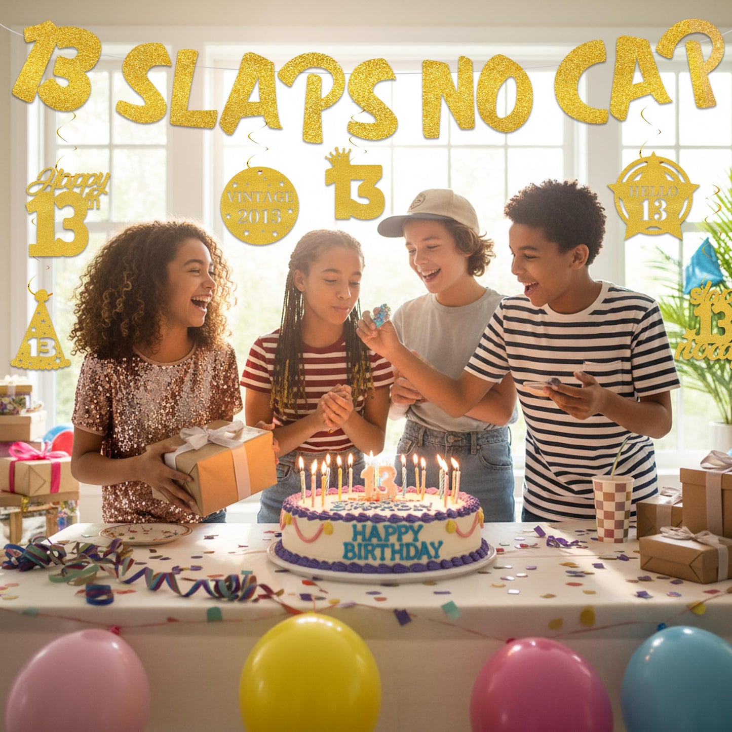 18th Birthday Decorations Banner for Boys - Pre-strung Gold Glitter 18 Slaps No Cap Banner Hanging Swirls, Funny Gen Z Slang 18 Year Old Party Supplies BST220
