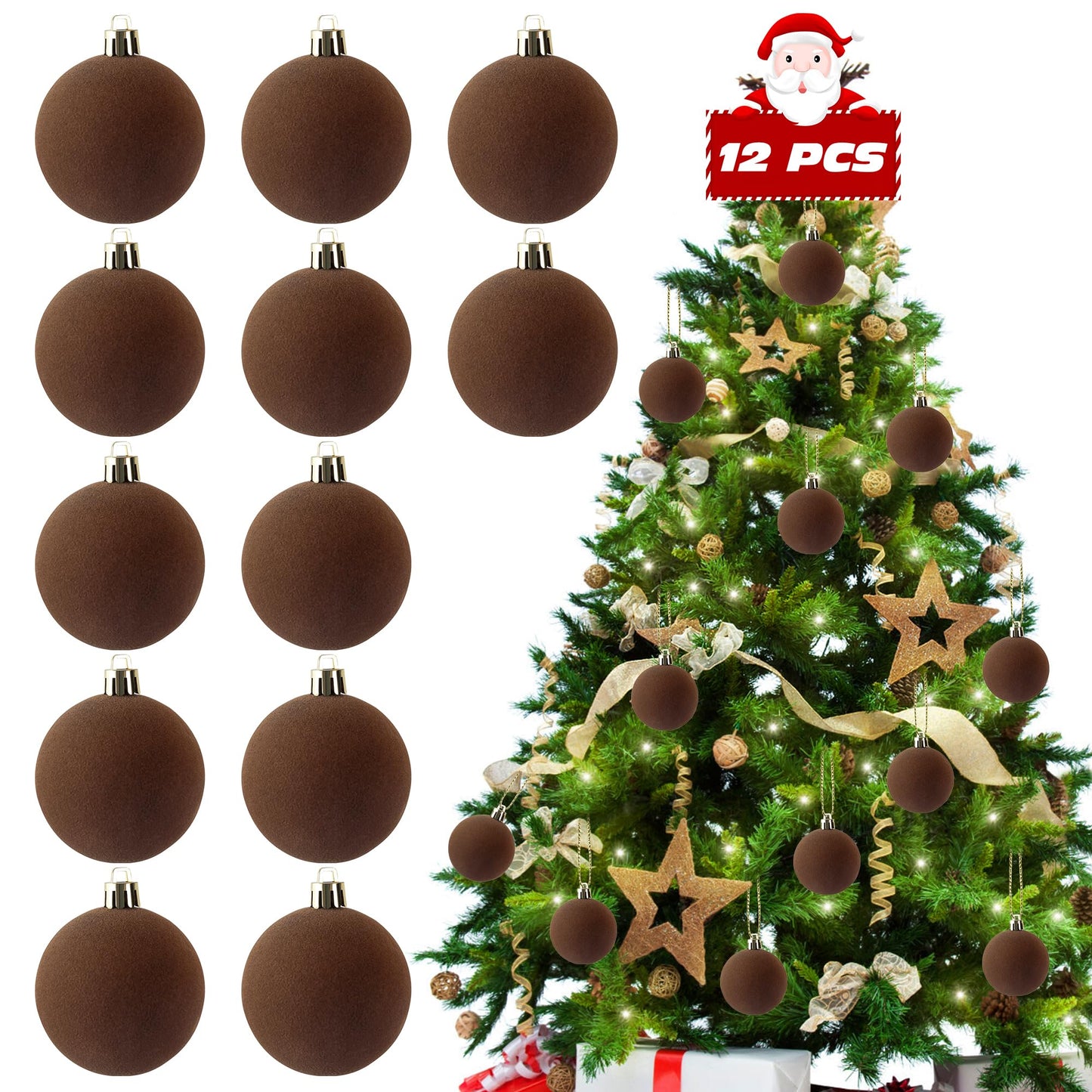 12 PCS Velvet Ornaments for Christmas Tree Decorations, Elegant Velvet Christmas Ornaments Balls, Shatterproof Xmas Decorative Hanging Ornaments(Brown, Green, Light Khaki,2.36 Inch) BST202