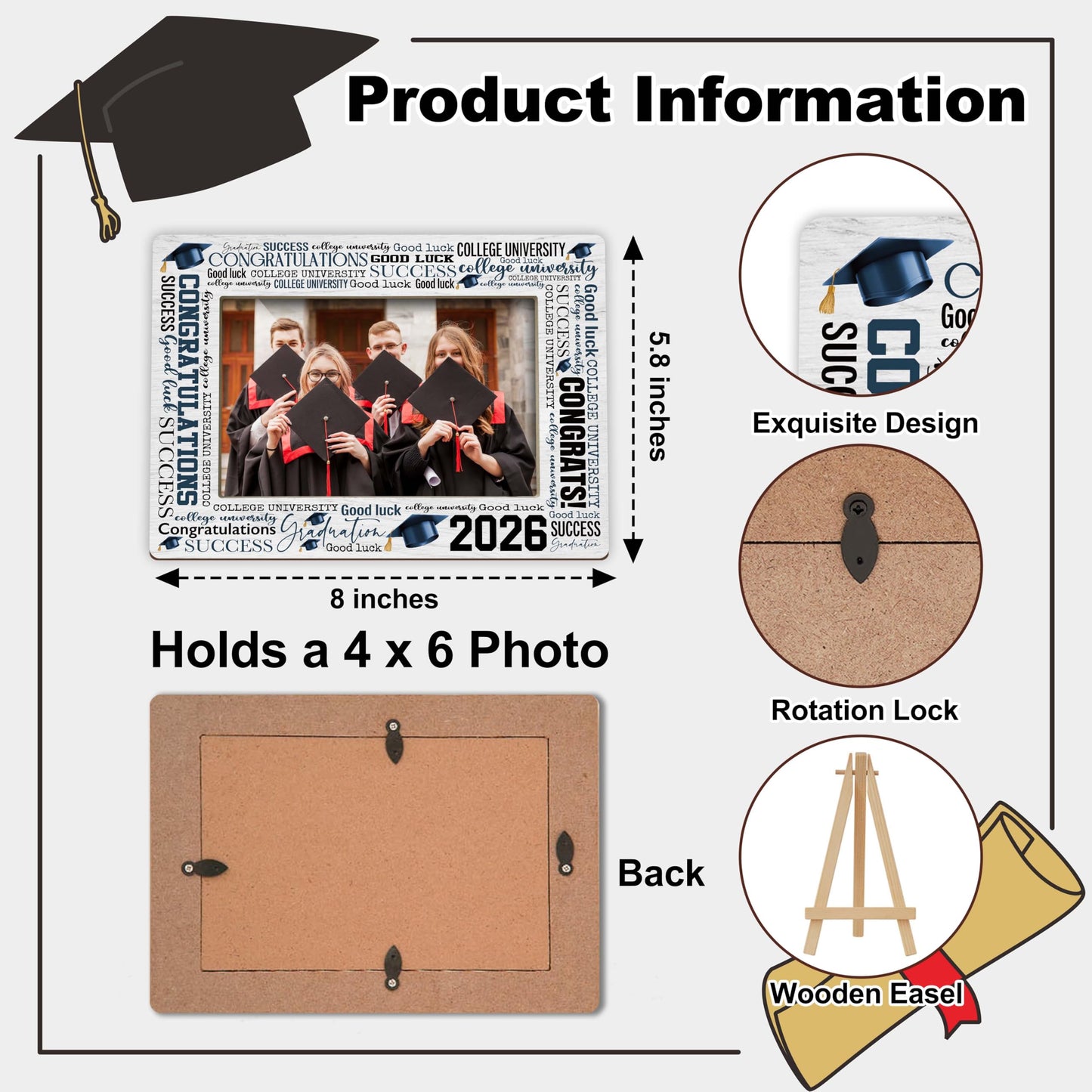 Graduation Picture Frame, 2026 Graduation Frames with Easel, 4x6 Photo Insert for Party Tabletop Display, Congrats Grad Gifts for Her Him High School College - B04 BST220