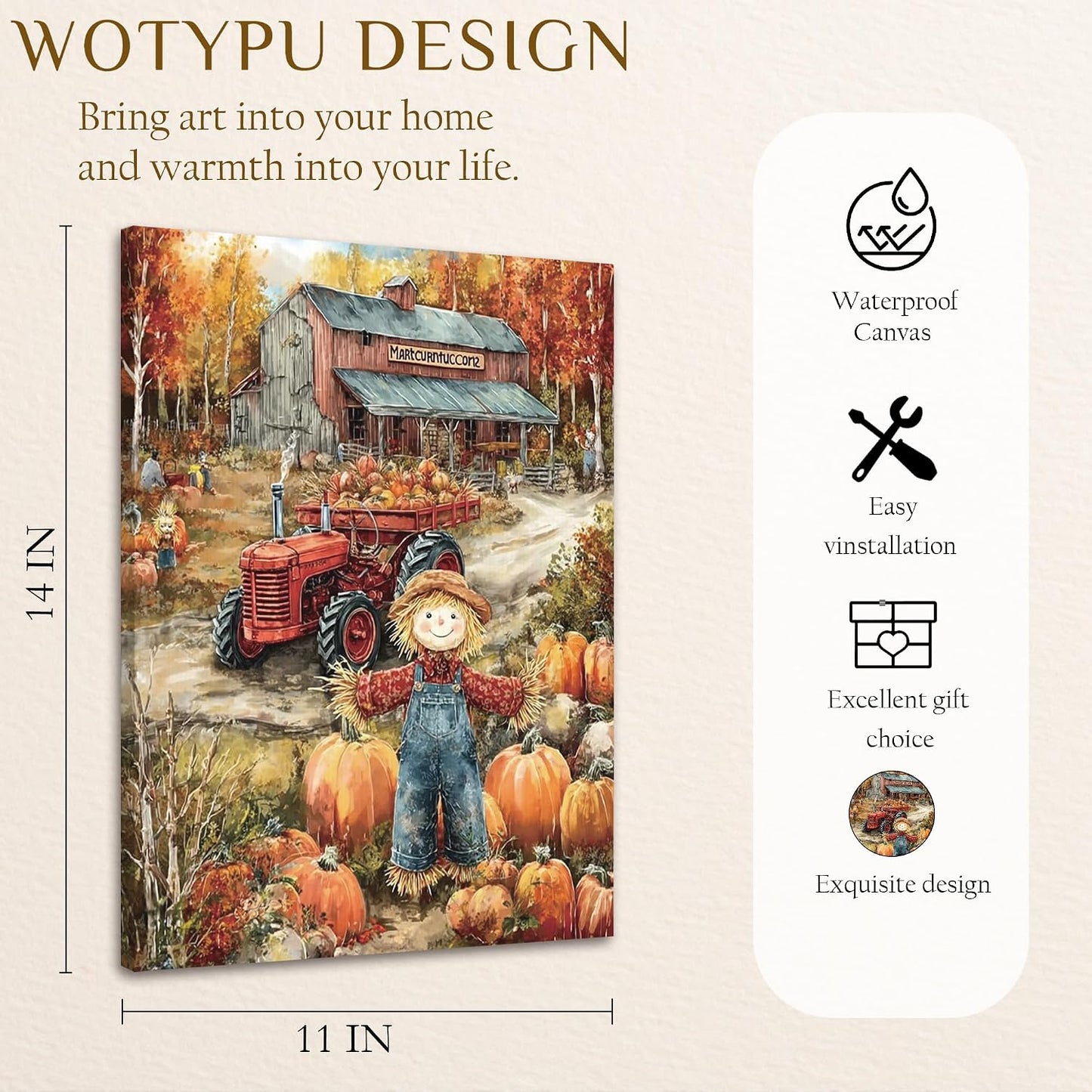 WOTYPU Fall Farmhouse Wall Art Decor, Farmhouse Fall Decor, Rustic Pumpkin Patch Scarecrow Truck Harvest Autumn Thanksgiving Framed Canvas Prints Poster Wall Decorations for Farm Home, 11x14 BST326H