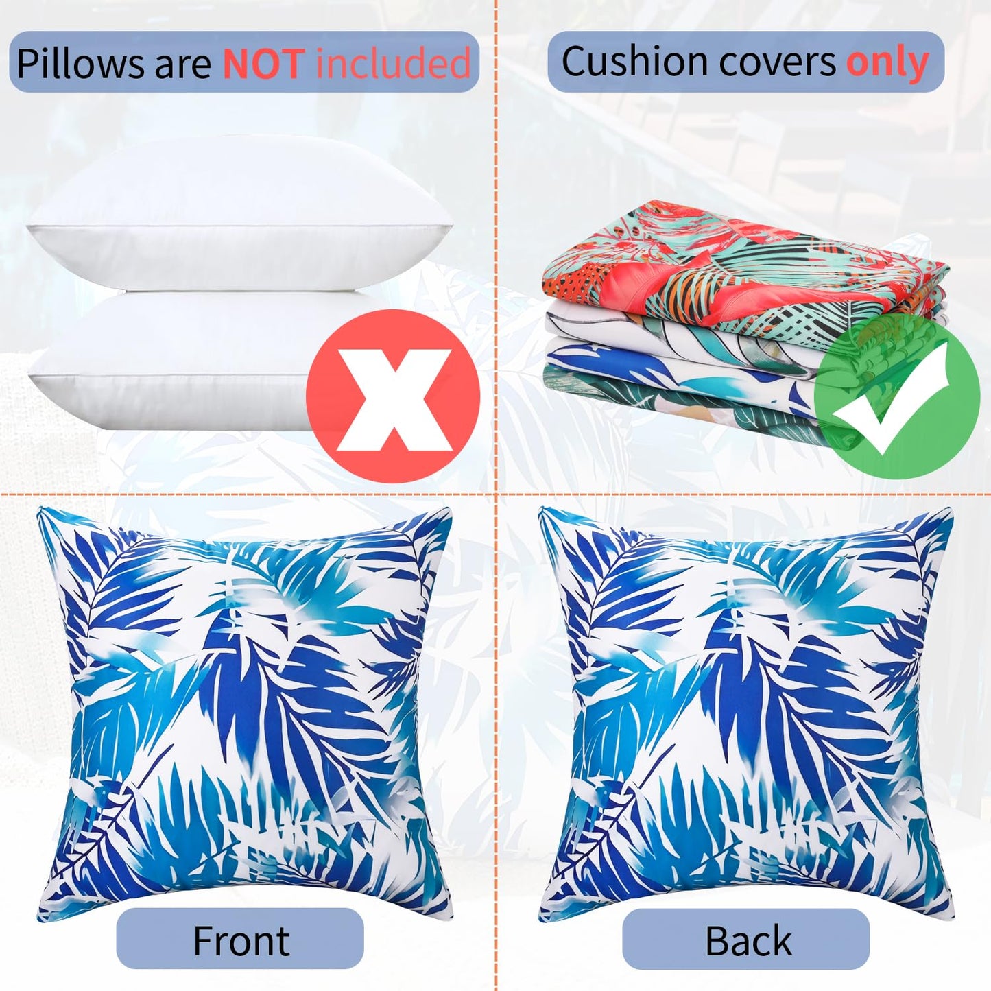 Outdoor Waterproof Pillow Covers Summer Decorative Throw Pillow Covers Tropical Leaf Couch Covers 20x20 Set of 2 Square Outdoor Floral Cushion Cases for Patio Furniture Garden Tent Balcony Bench BST220