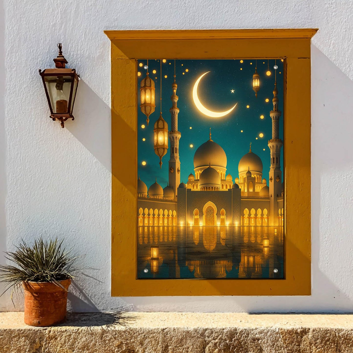 HOMETITUTE Eid Ramadan Window Banner Holiday Curtain Backdrop 31x47 Fabric | Mubarak Cover Festival Screen Windows Banner Hanging Living Room Bedroom Home Crescent Moon Star Pattern Design BST326H