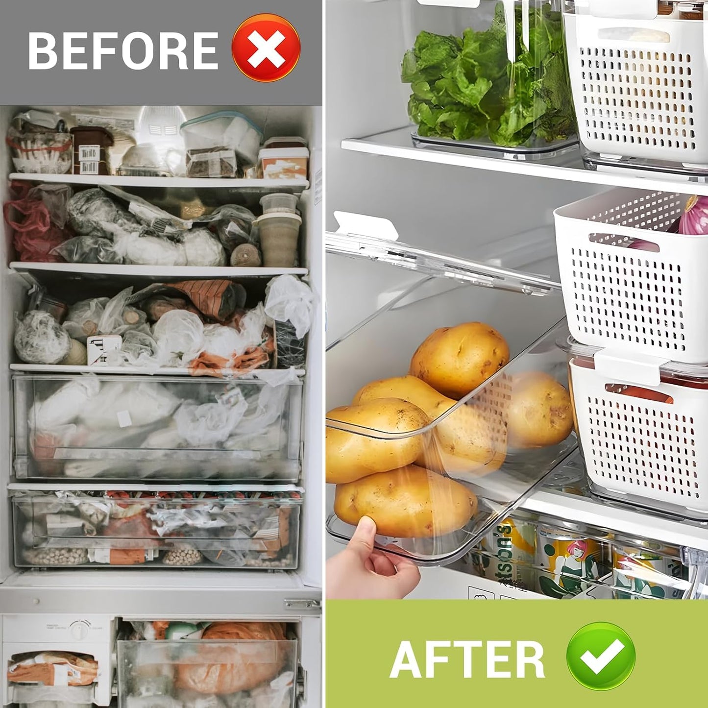 LUXEAR 4 Pack Fruit Vegetable Containers for Fridge, Produce Saver Container with Lids &Removable Colander BPA-free Refrigerator Storage Organizer for Fruit Vegetable, Berry, Meat keep Fresh Longer DD1210