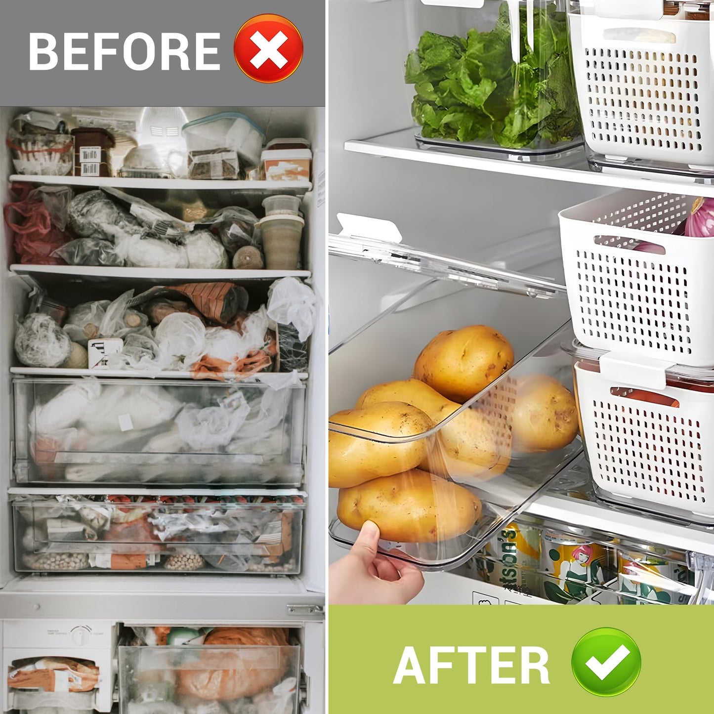 LUXEAR 4 Pack Fruit Vegetable Containers for Fridge, Produce Saver Container with Lids &Removable Colander BPA-free Refrigerator Storage Organizer for Fruit Vegetable, Berry, Meat keep Fresh Longer DD1210
