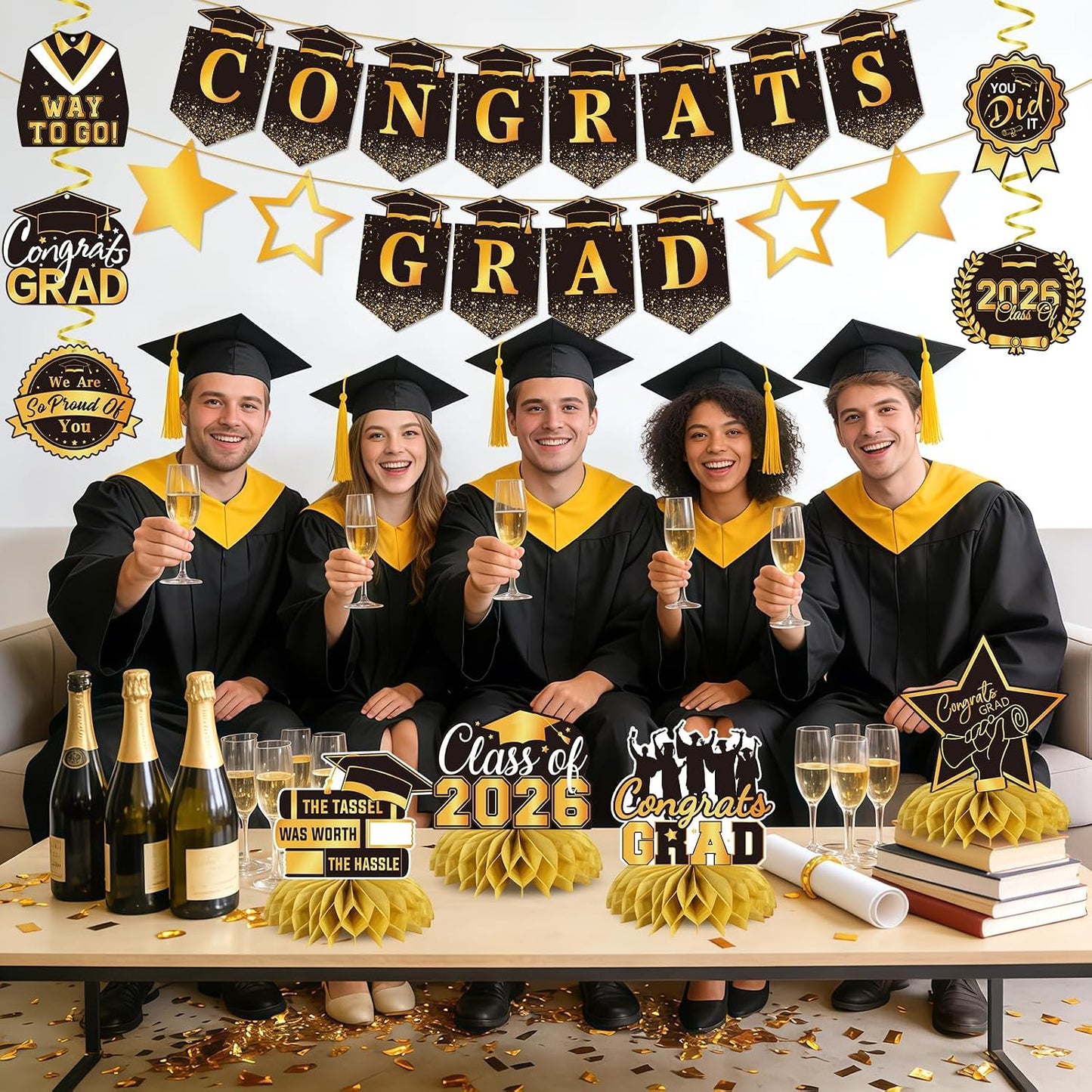 Graduation Decorations 2026, Class of 2026 Graduation Party Decorations Set, Congrats Grad Banner, Hanging Swirls & Table Centerpiece Decorations, Black and Gold Graduation Decor for Home School Party BST326L