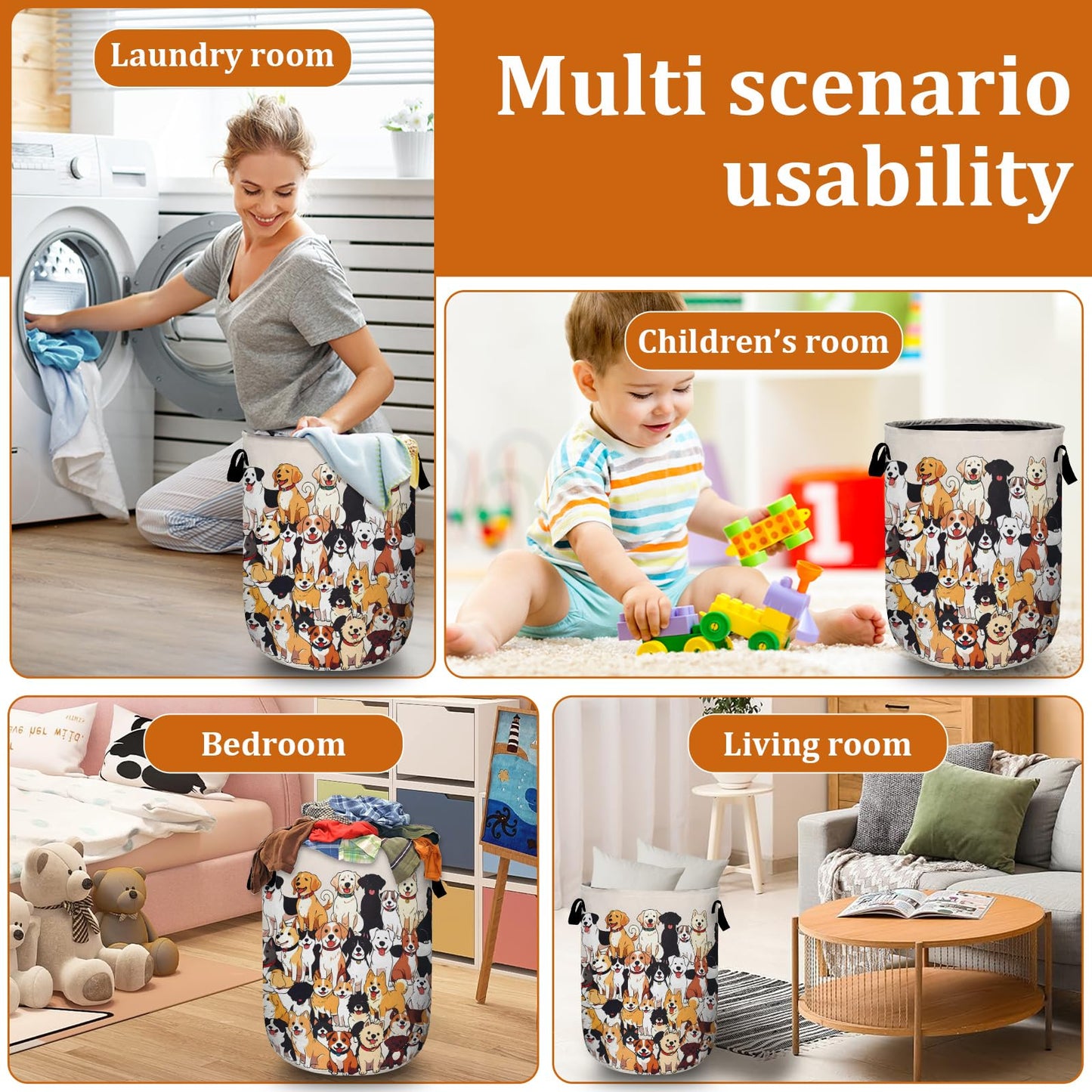 Nature Cow Print Laundry Basket with Sturdy Handles, Cow Skin Collapsible Oxford Cloth Laundry Hamper Organizer Basket for Bathroom Bedroom 15.7x20 Inch BST220