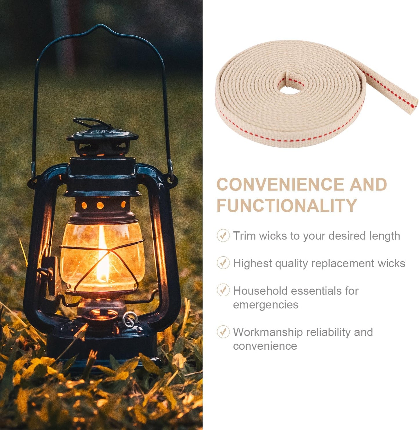 Oil Lamp Wicks, 1/2in Total Length 9.84ft Cotton Flat Oil Lantern Wicks Cotton Flat Wick for Paraffin Oil Wicks for Oil Lamps with Red Stitch Replacement Parts for Kerosene Burner Lamp(White) BST326L