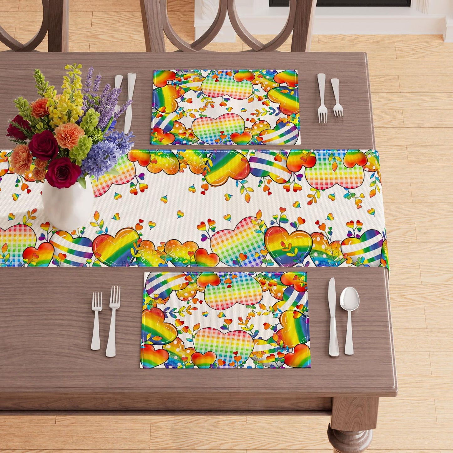 XCHI Love Heart Rainbow LGBTQ Pride Day Table Runner Inclusion Gay Equality Table Decoration for Party Home Kitchen Dining Holiday Decor 13x72 Inch BST326L
