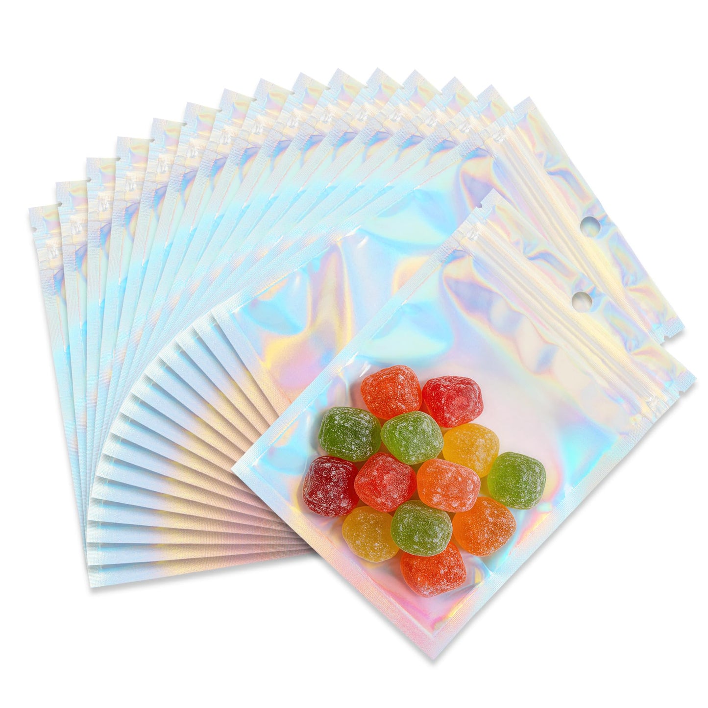 Holographic Mylar bags -100Pcs Self-Seal Resealable Zip Baggies with Clear Window, Smell Proof Laser Iridescent White 3x4.7 inch for Small Business Samples, Party favors,Snacks,Jewelry BST326L