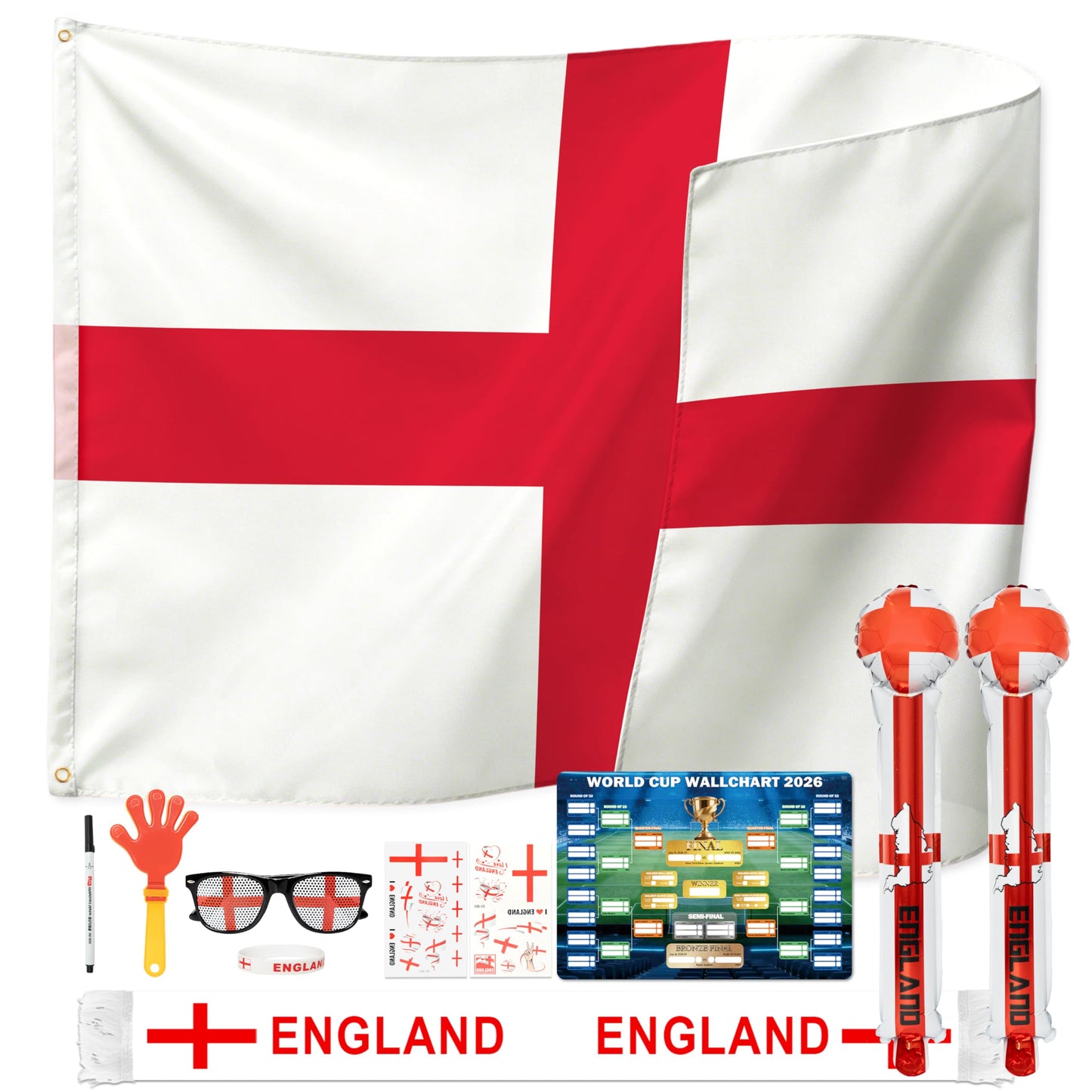 World Cup 2026 Fan Accessories with Large 3x5 ft Flag, Match Tracker Poster, Stickers, Cheering Sticks, Clapper & Scarf, World Cup Decorations Fan kit for Soccer Watch Party, Stadium and Home Cheering BST202