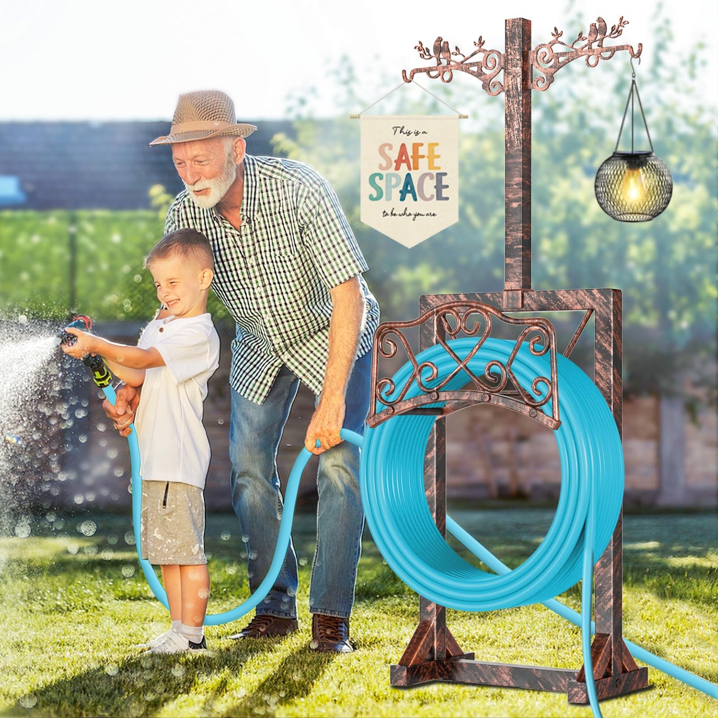 Garden Hose Holder, Freedstanding Heavy Duty Garden Water Hose Holder Stand with 2 Shepherds Hooks, Detachable Metal Hose Storage Hanger Rack for Outside Yard Lawn Farm DD1210