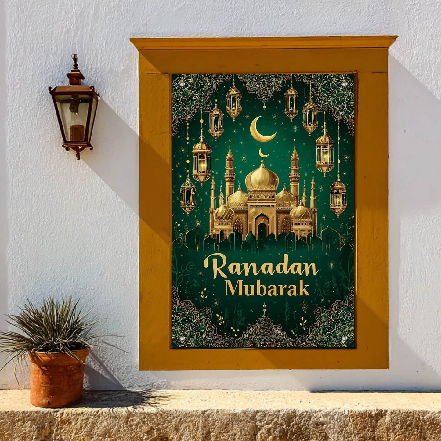 HOMETITUTE Eid Ramadan Window Banner Holiday Curtain Backdrop 31x47 Fabric | Mubarak Cover Festival Screen Windows Banner Hanging Living Room Bedroom Home Crescent Moon Star Pattern Design BST326H