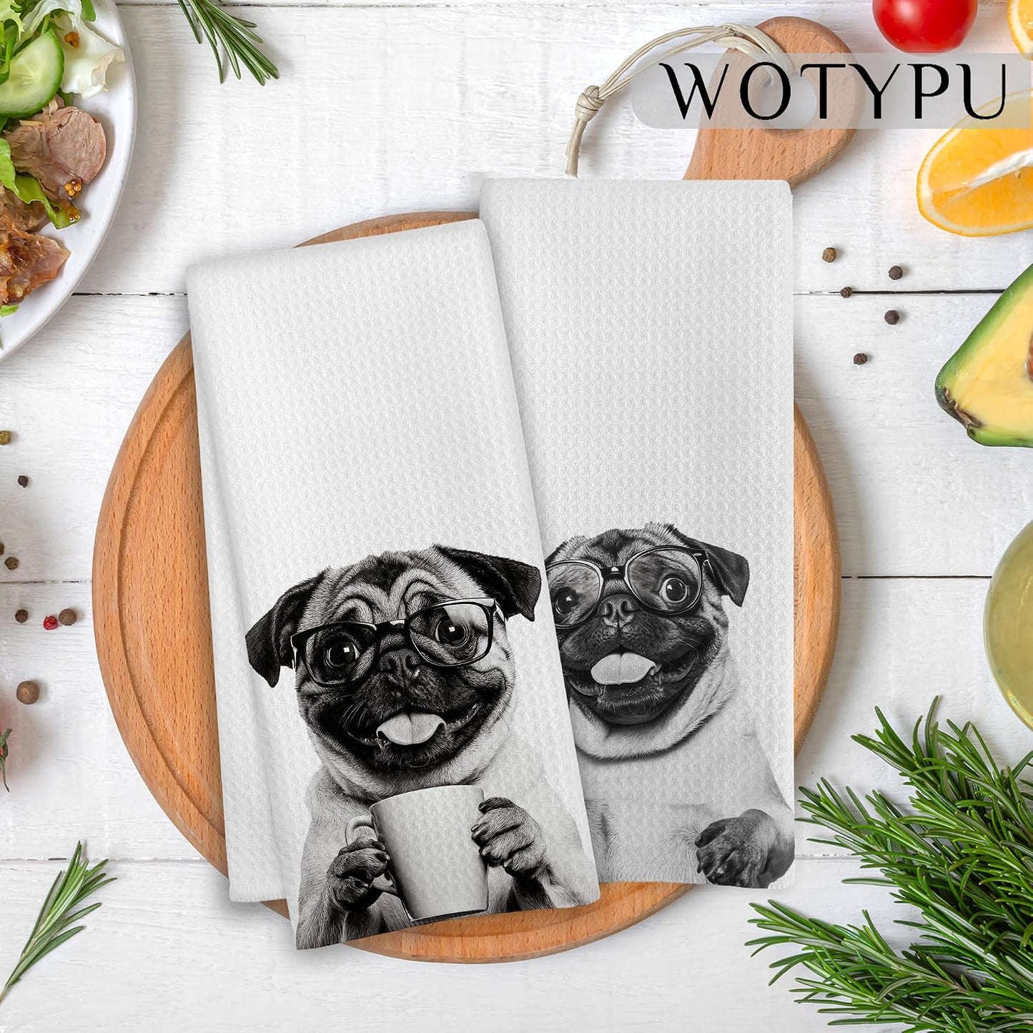 Funny Pug Kitchen Bar Towels, Gifts for Pug Lovers Dish Tea Towel, Wine Coffee Lover Gifts Decorative Hand Towels for Kitchen Bar Cart Decor, 16x24 Inch Set of 2 BST326L