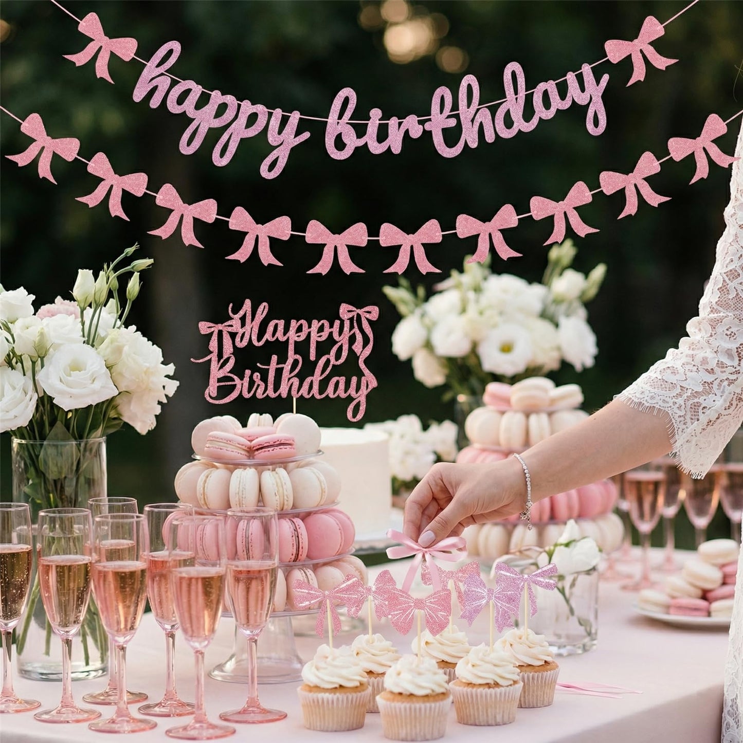 33Pcs Pink Bow Birthday Decorations Coquette Party Decorations with Happy Birthday Banner, Cake Topper, Bow Cake Decoration, Bowknot Cupcake Toppers for Bday Bridal Shower Bachelorette Valentine's Day BST220