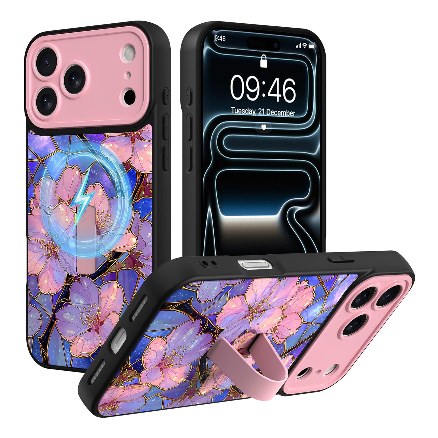 Compatible with iPhone 13 Case, Cute Cheetah Leopard Pattern | Built in Adjustable Wrist Strap Grip Hand Holder Stand Shockproof Kickstand Cover for Women Girls (Black White) WN420